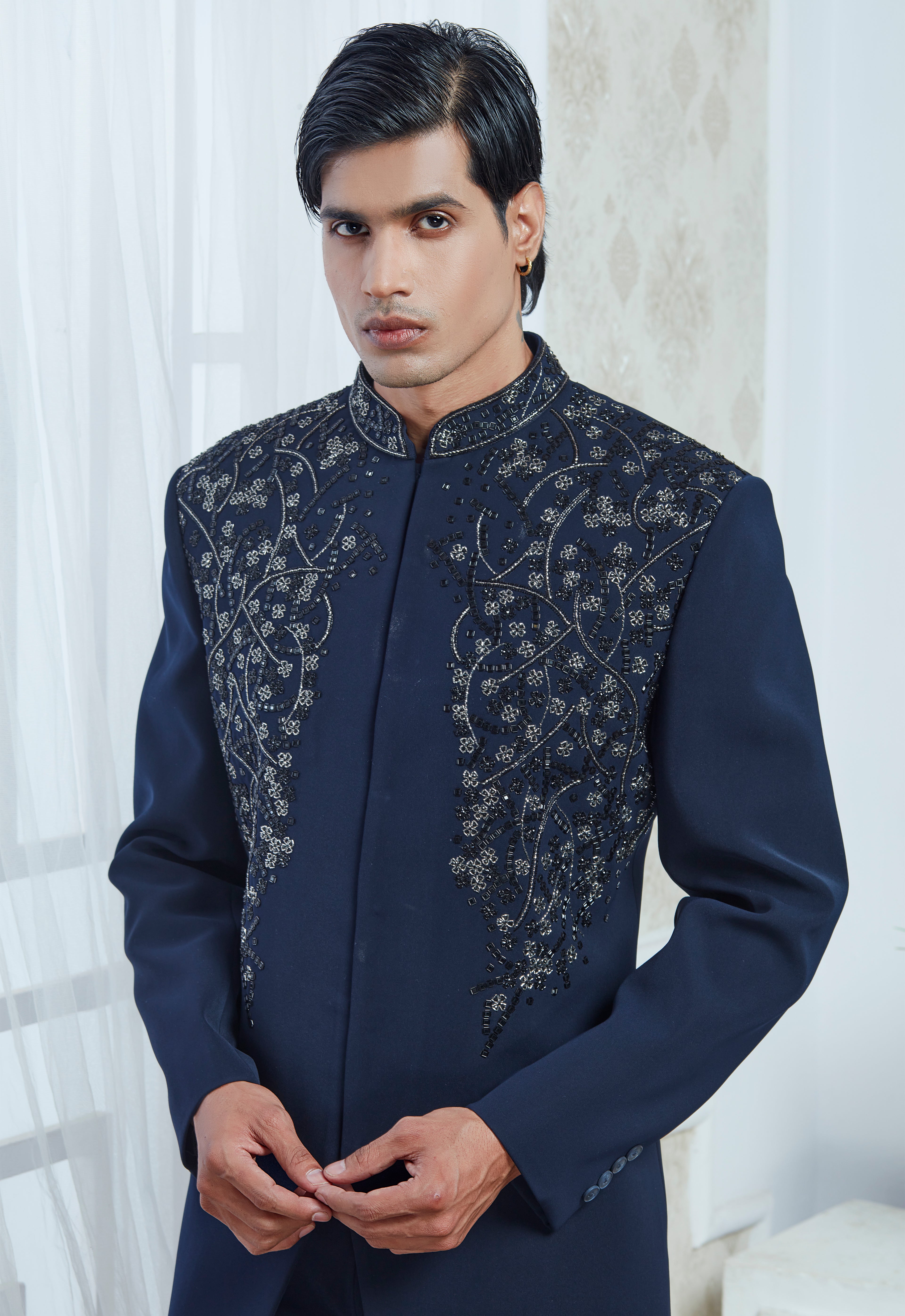 Embroidered Blue Indowestern Set