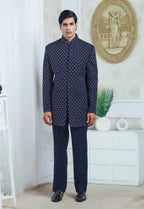 Blue Polyester Embroidered Indowestern Set