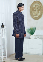 Blue Polyester Embroidered Indowestern Set