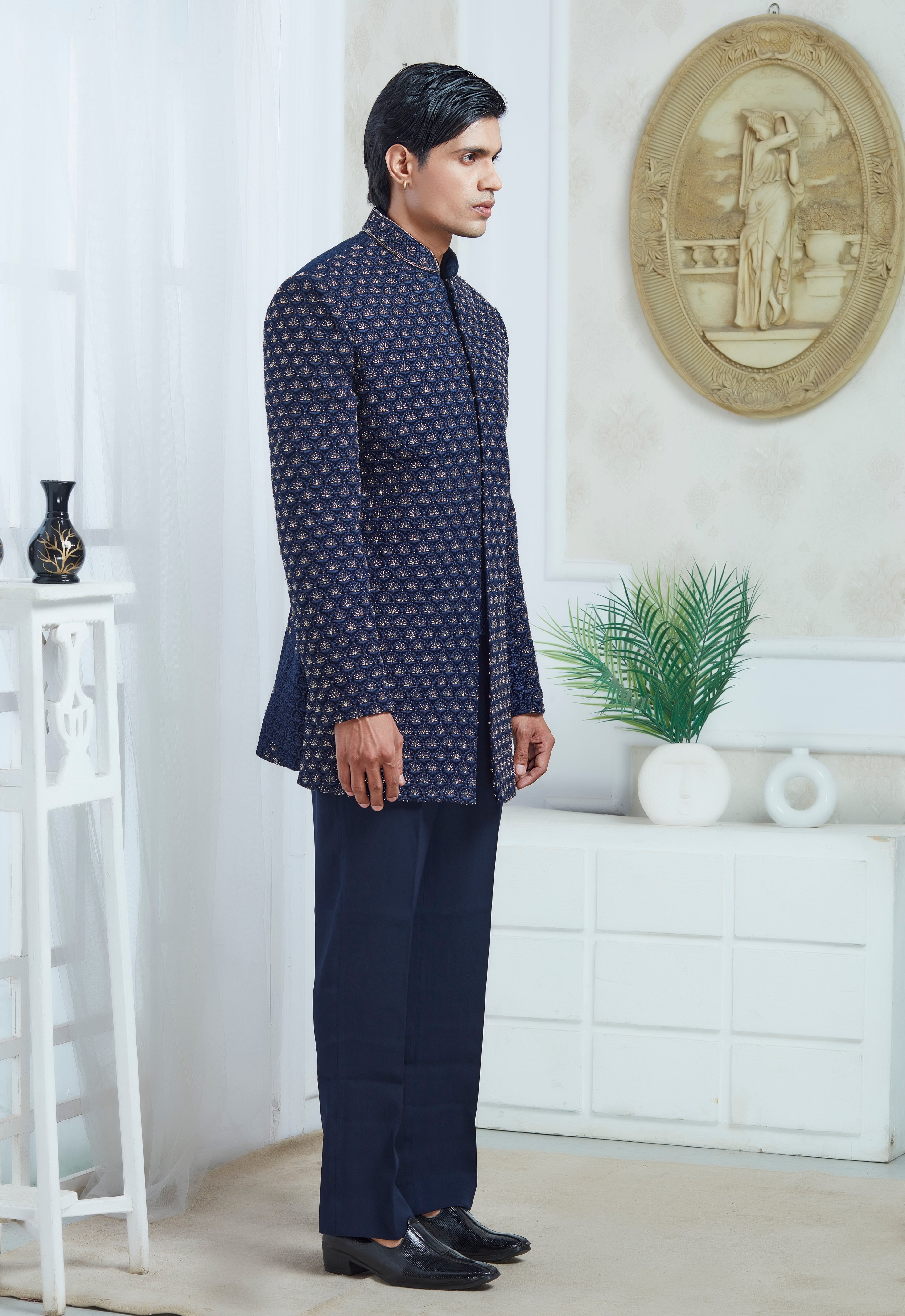 Blue Polyester Embroidered Indowestern Set