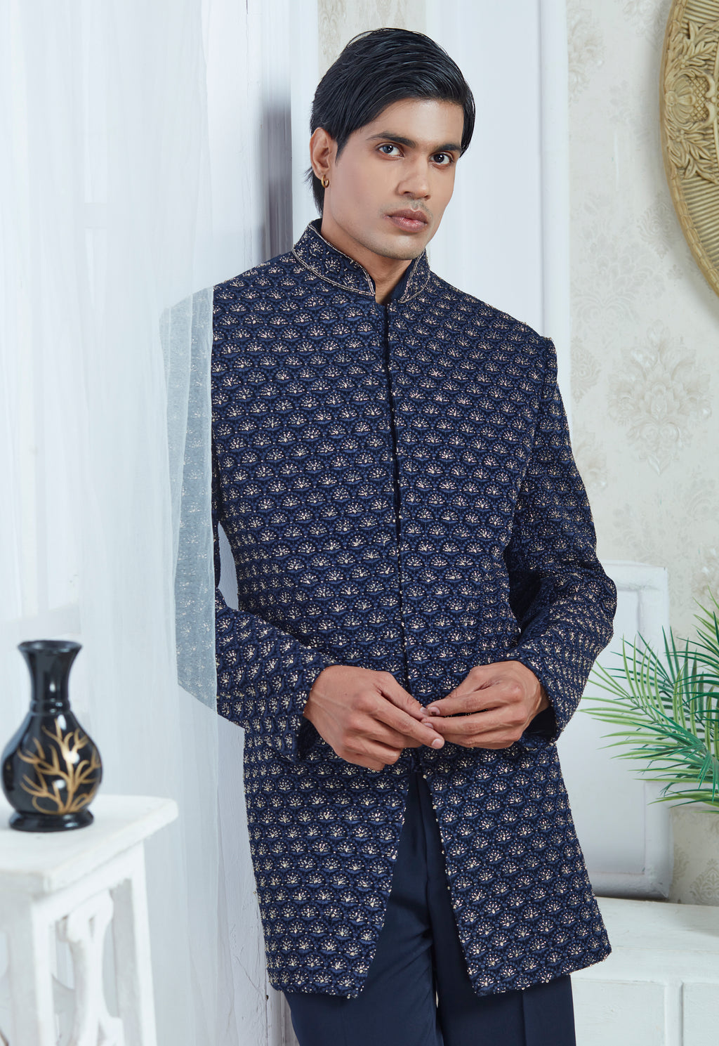 Blue Polyester Embroidered Indowestern Set