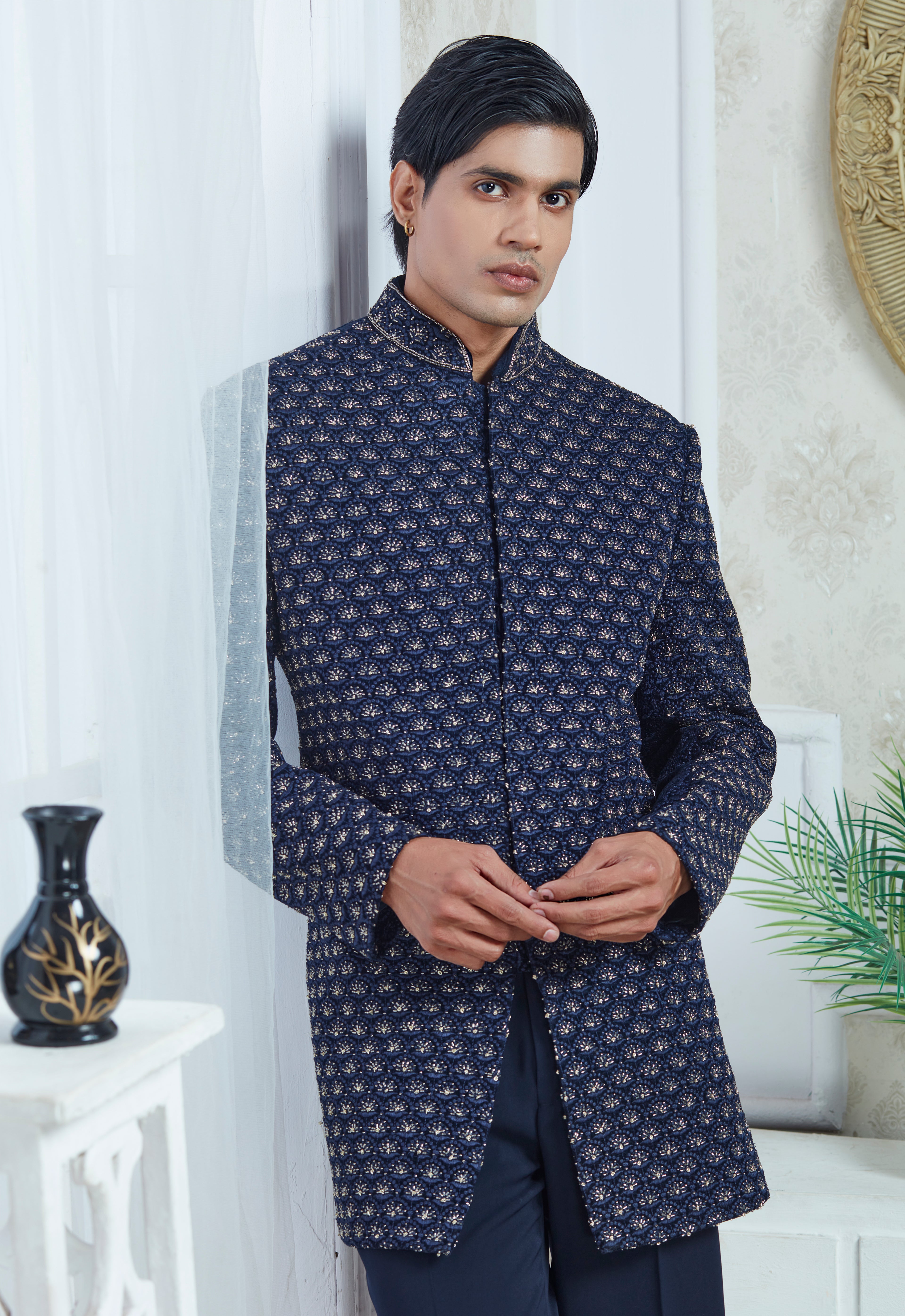 Blue Polyester Embroidered Indowestern Set