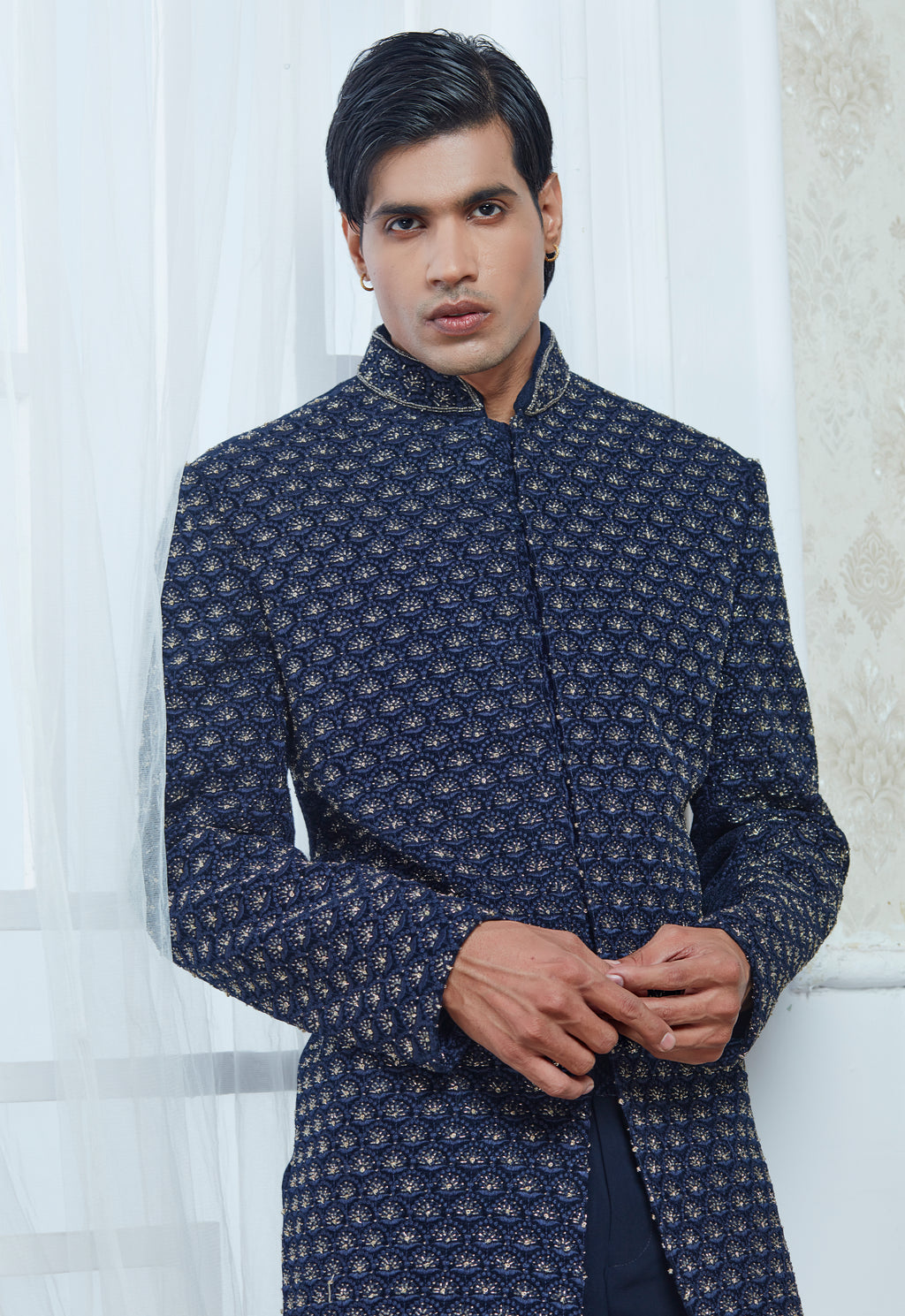 Blue Polyester Embroidered Indowestern Set