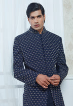 Blue Polyester Embroidered Indowestern Set