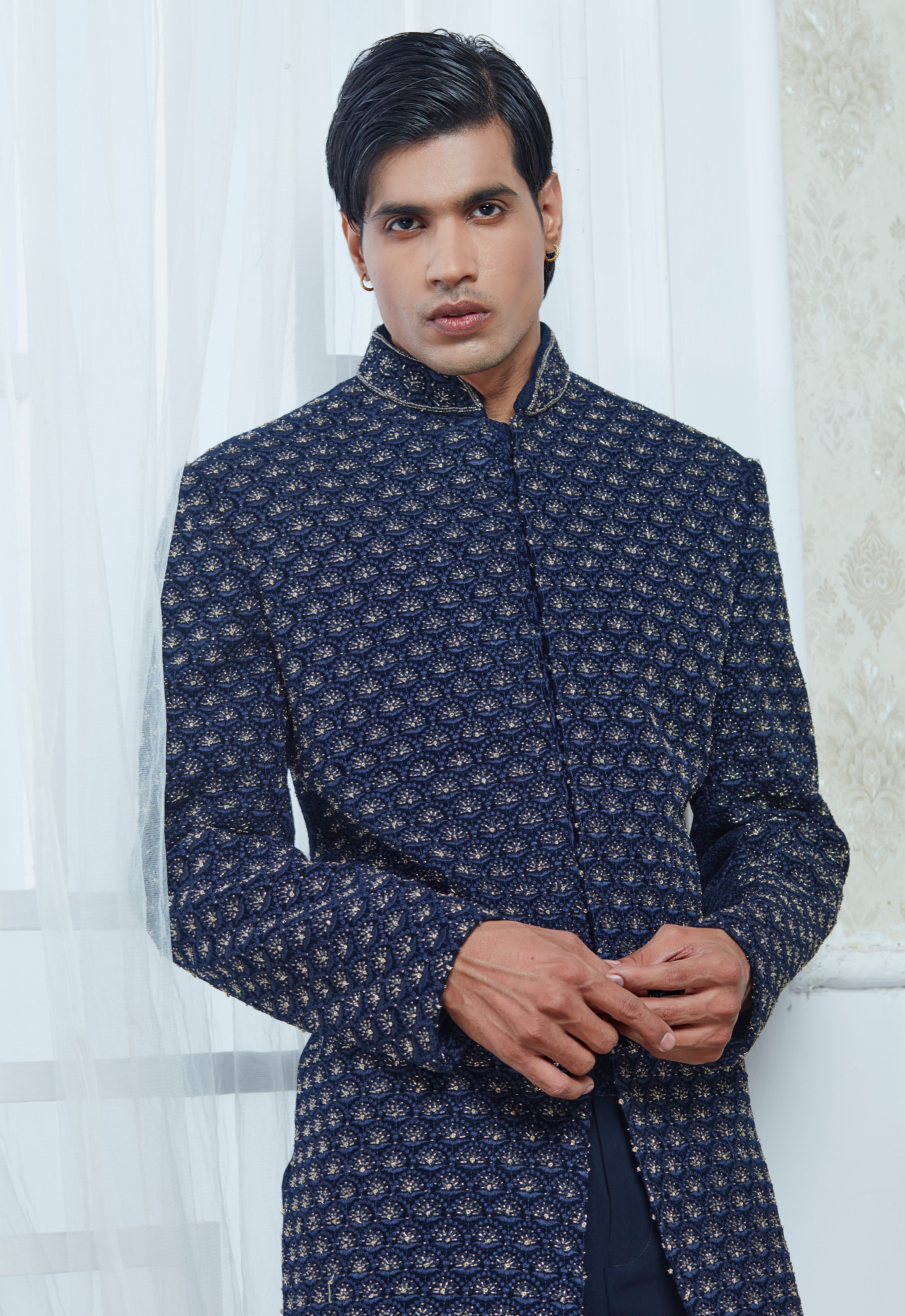 Blue Polyester Embroidered Indowestern Set