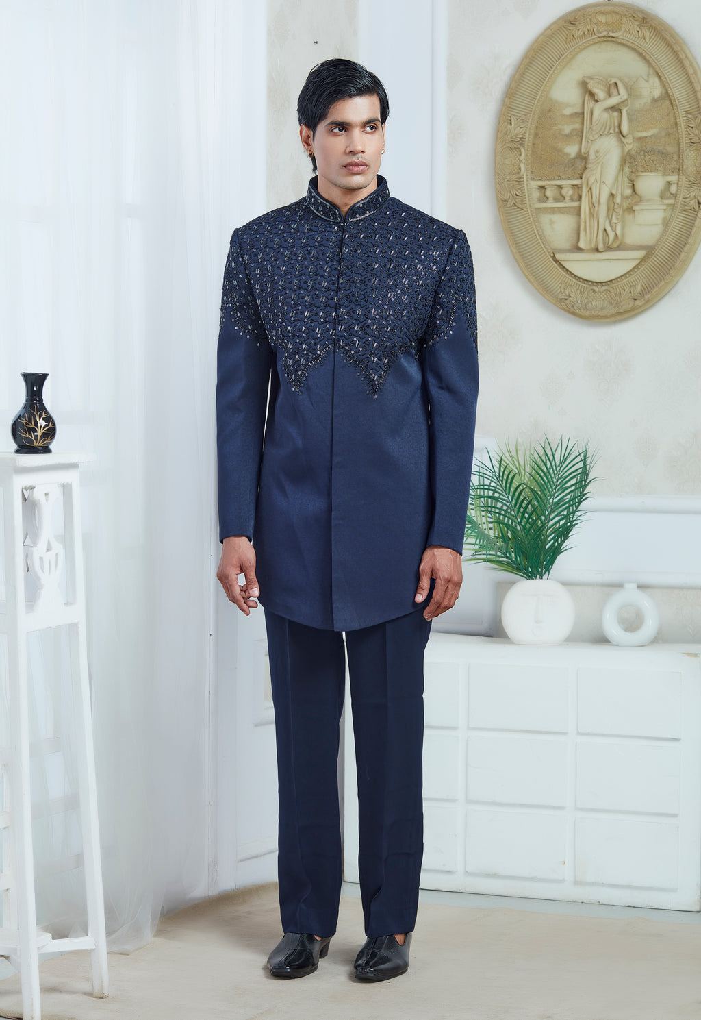Blue Embroidered Indowestern Set