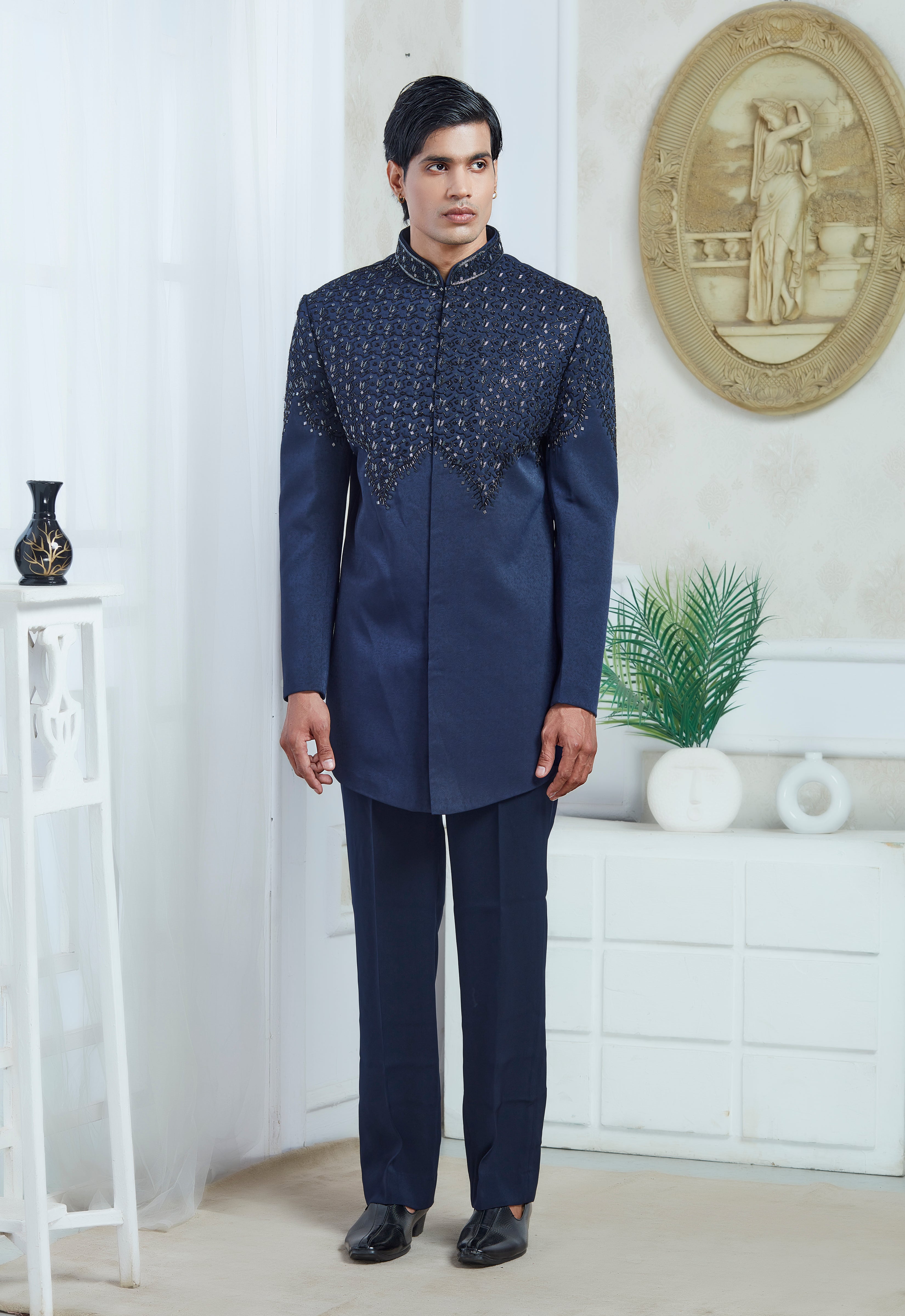Blue Embroidered Indowestern Set