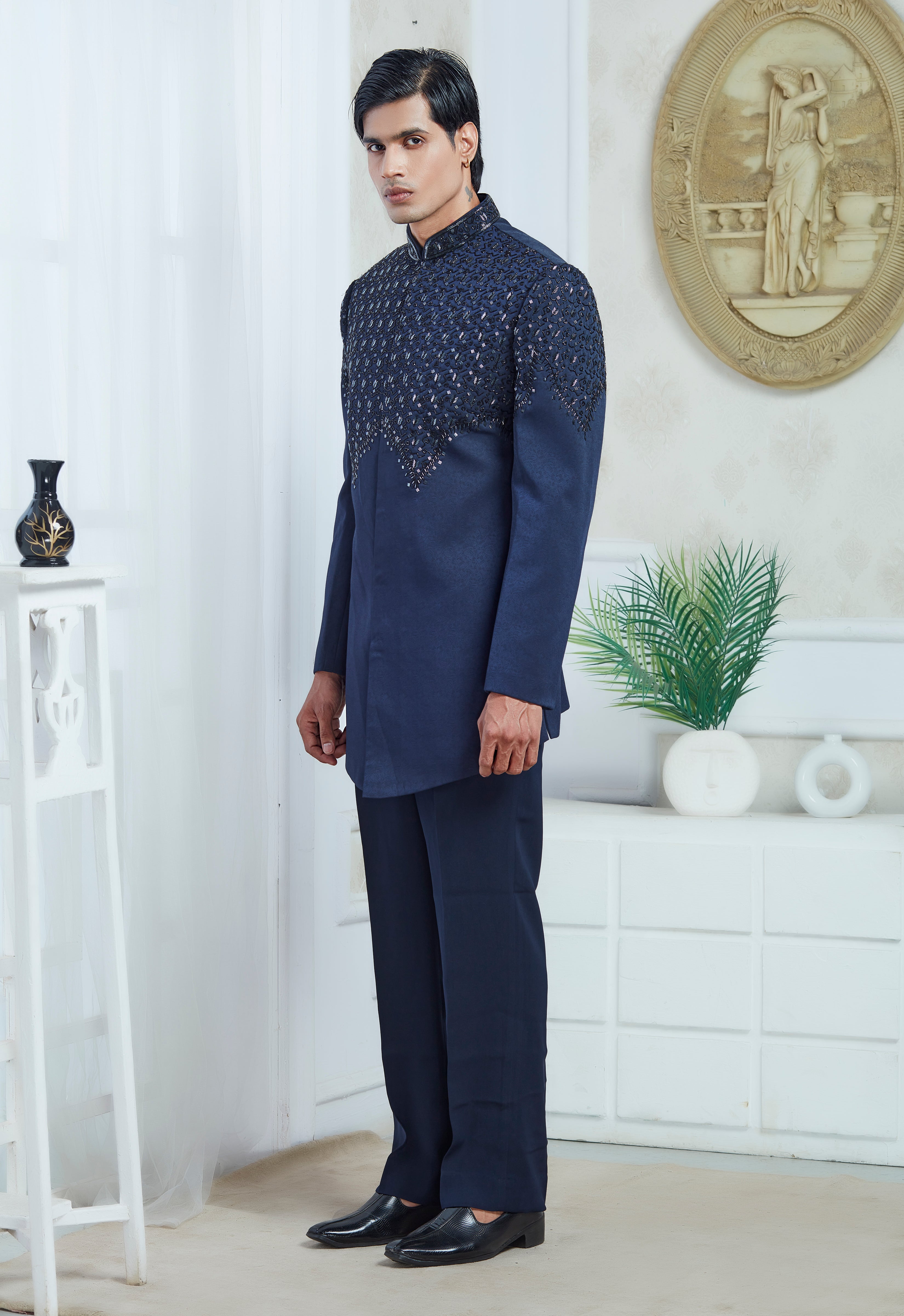 Blue Embroidered Indowestern Set