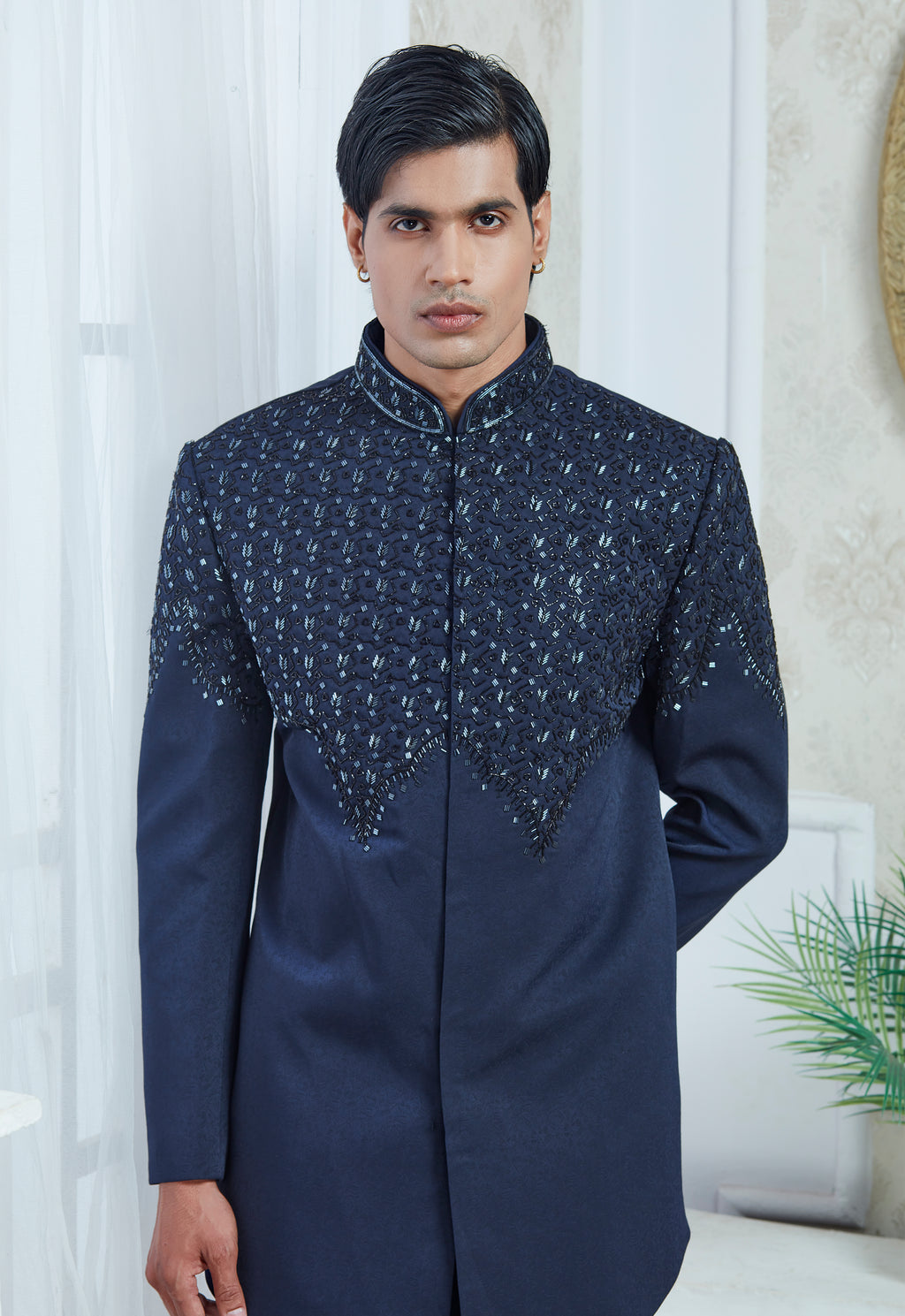 Blue Embroidered Indowestern Set