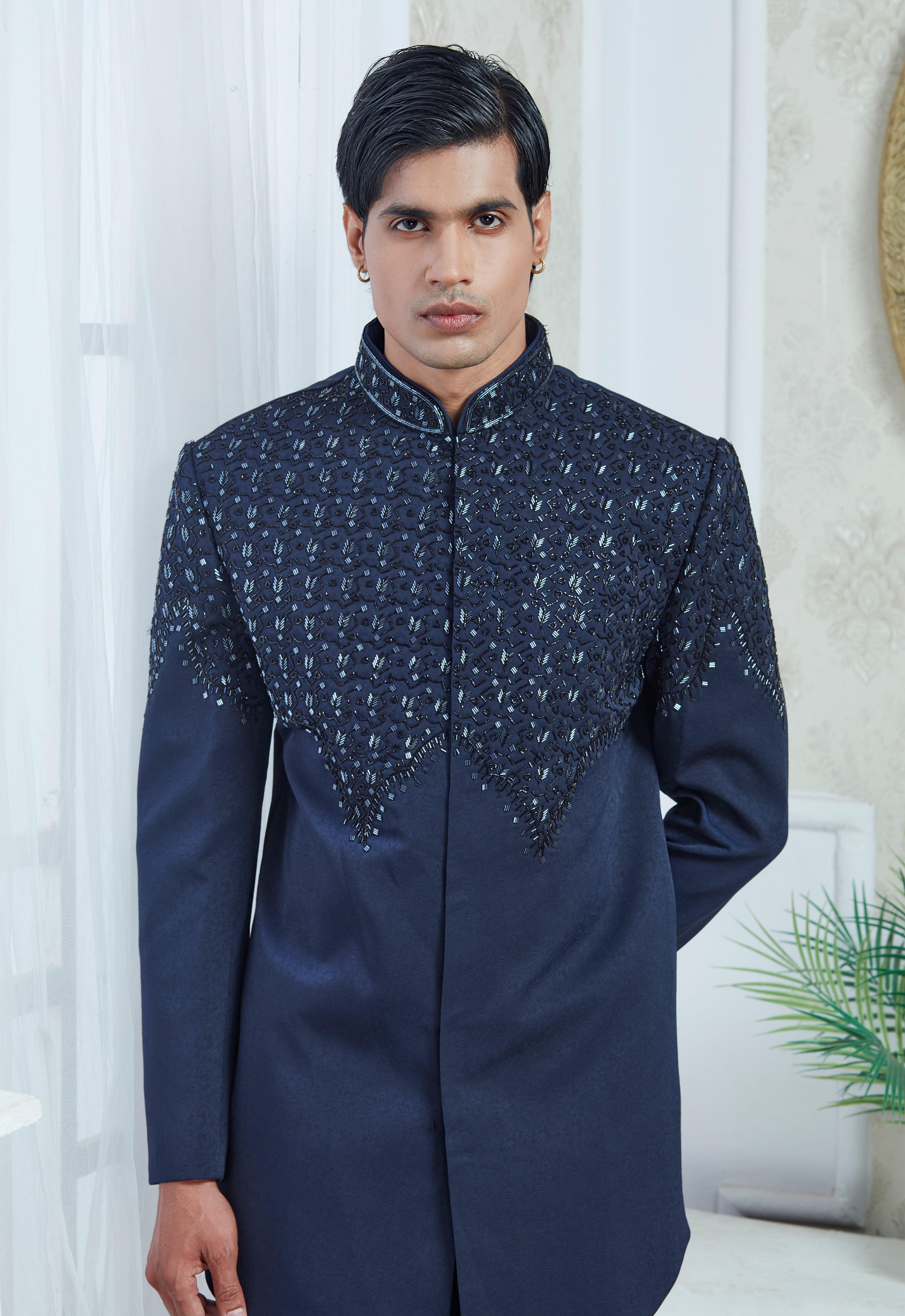 Blue Embroidered Indowestern Set