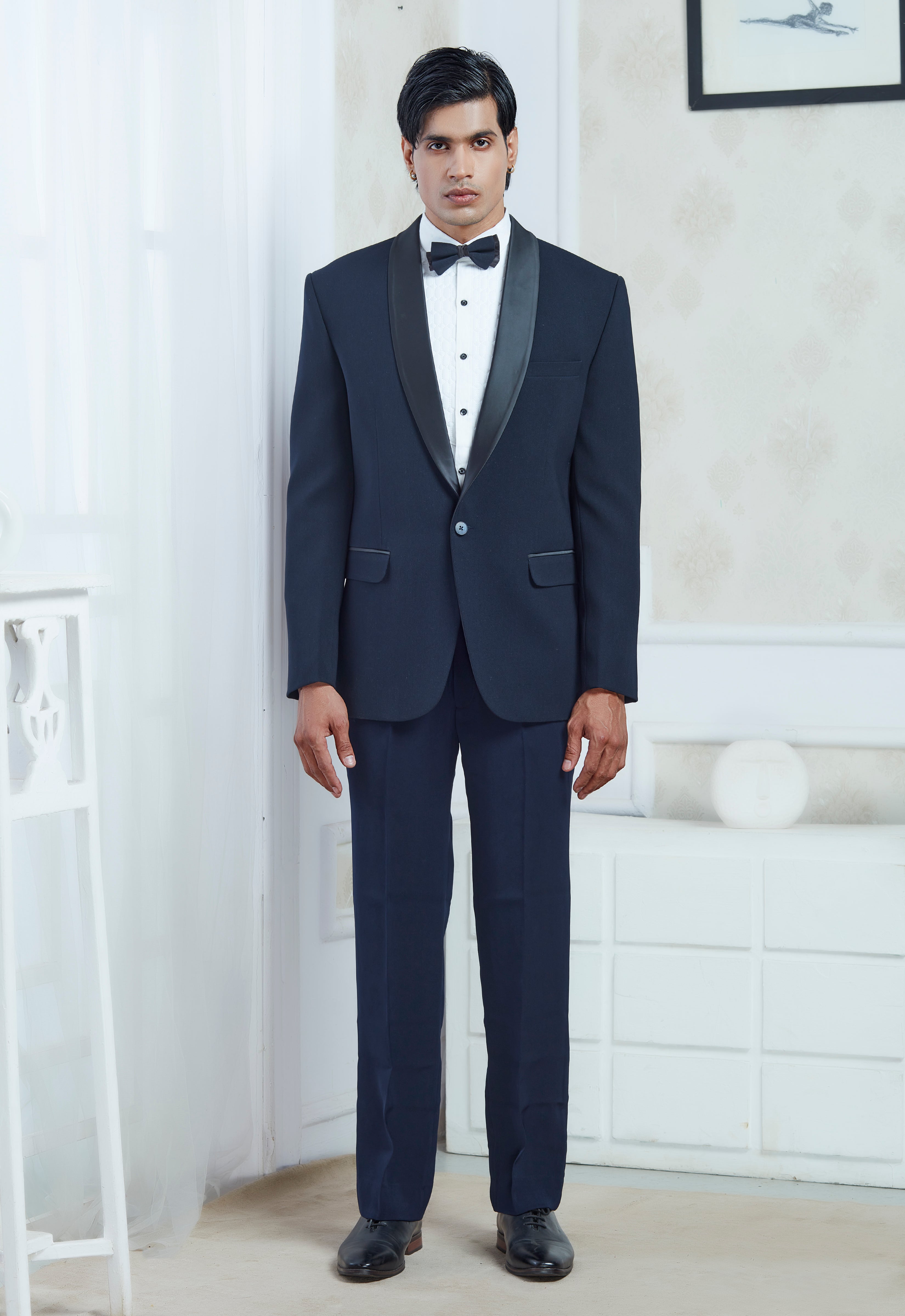 Blue Polyester Embroiderd Tuxedo Set