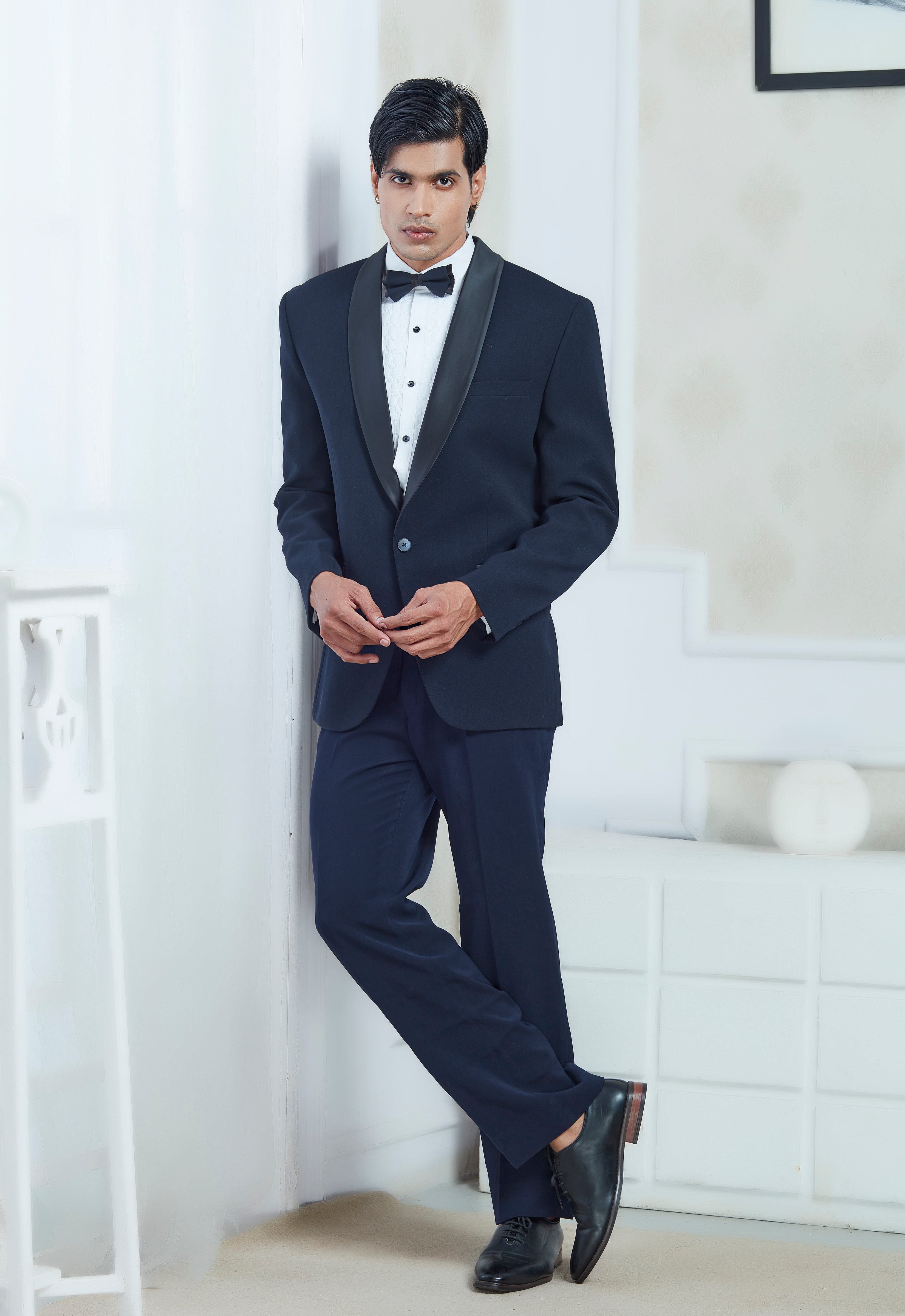 Blue Polyester Embroiderd Tuxedo Set