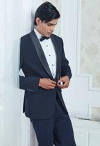 Blue Polyester Embroiderd Tuxedo Set