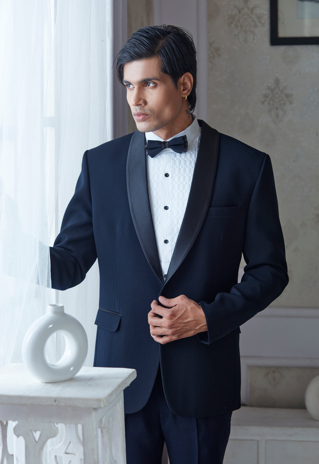 Blue Polyester Embroiderd Tuxedo Set