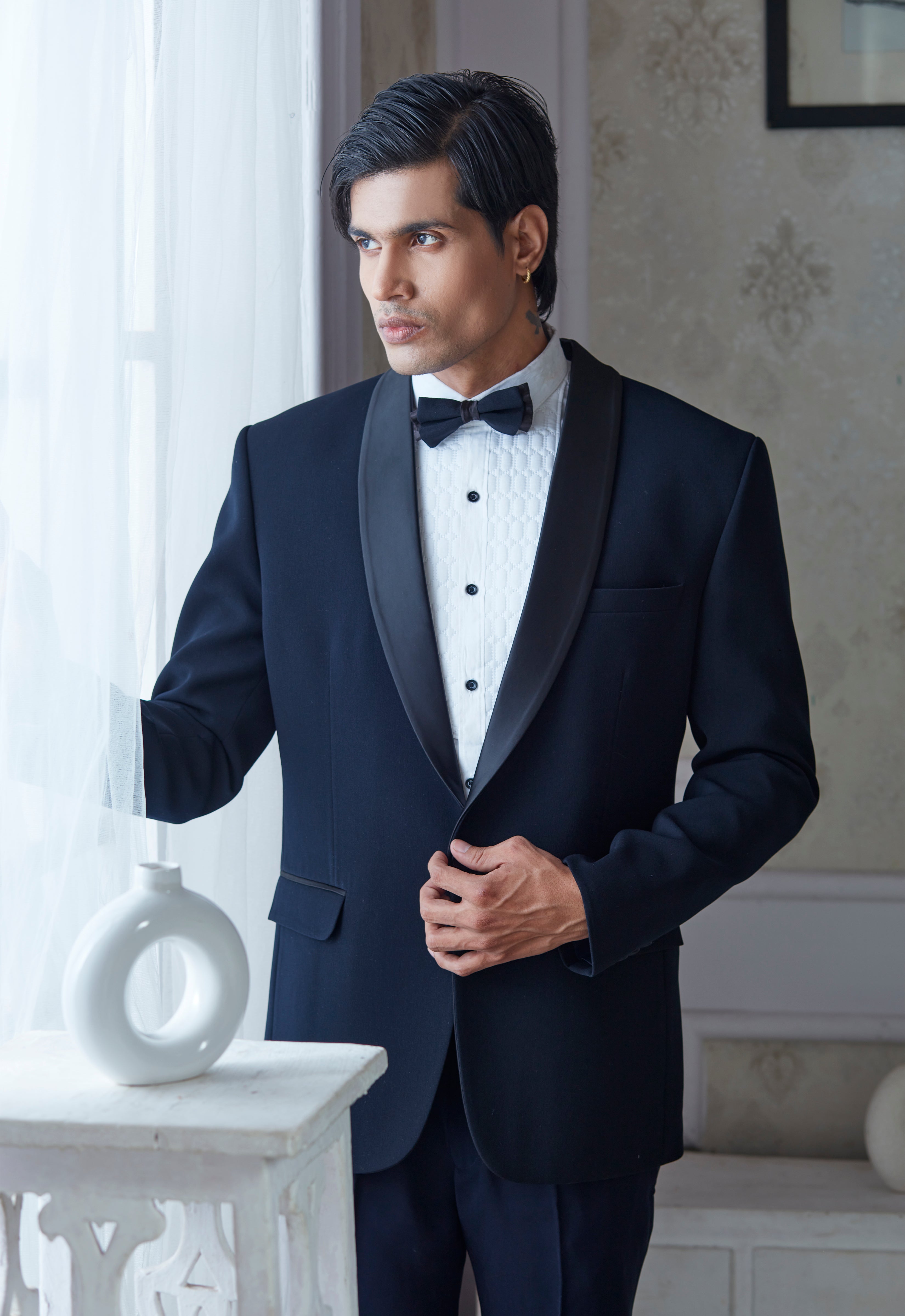 Blue Polyester Embroiderd Tuxedo Set