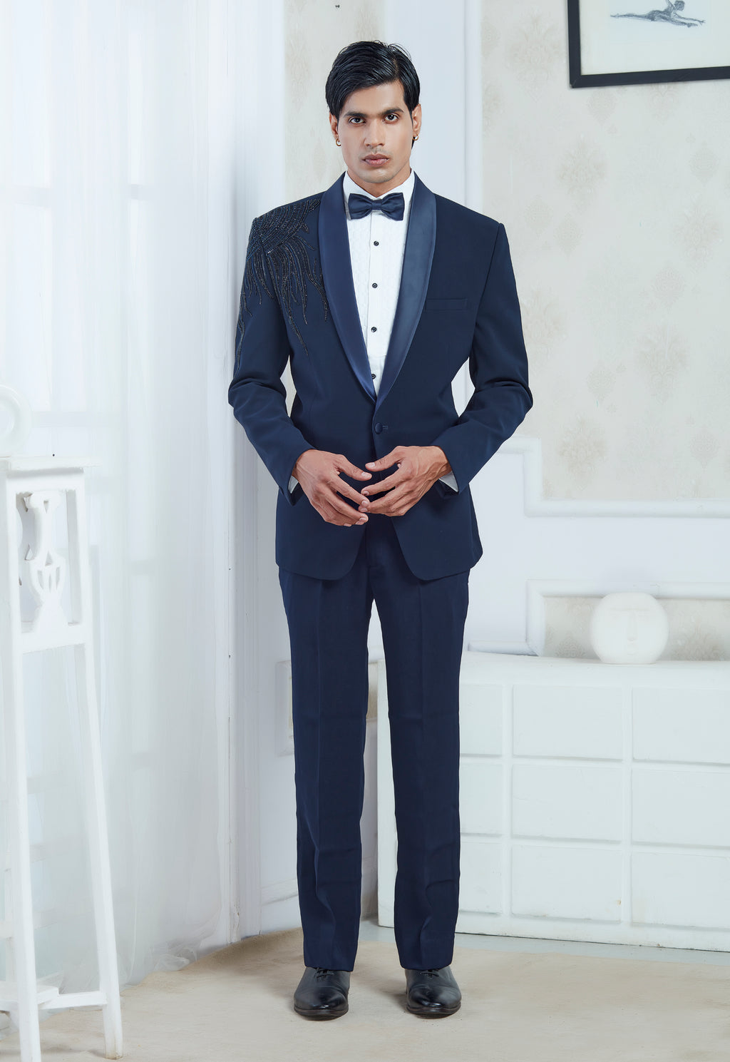 Blue Polyester Embroidered Tuxedo