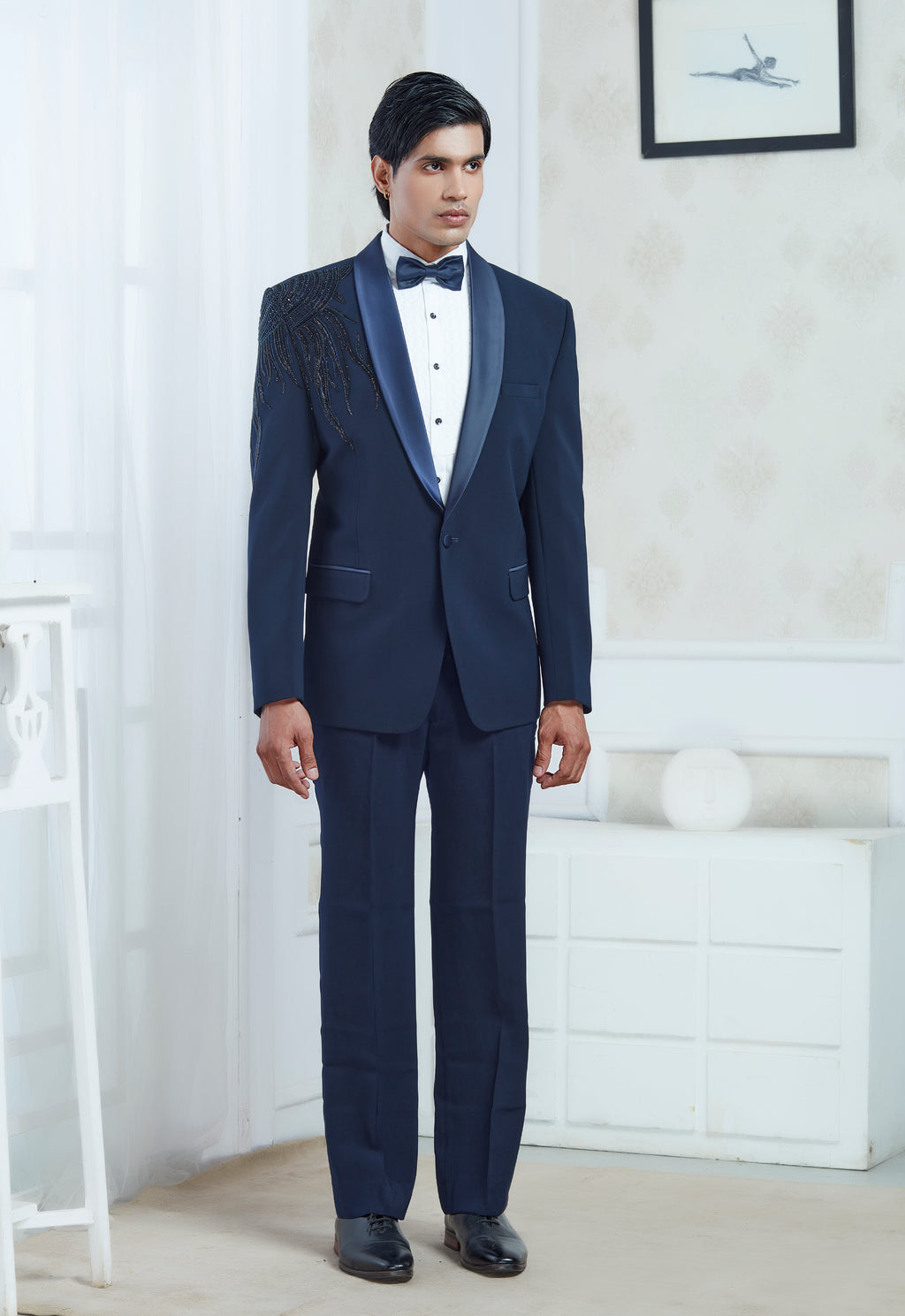 Blue Polyester Embroidered Tuxedo
