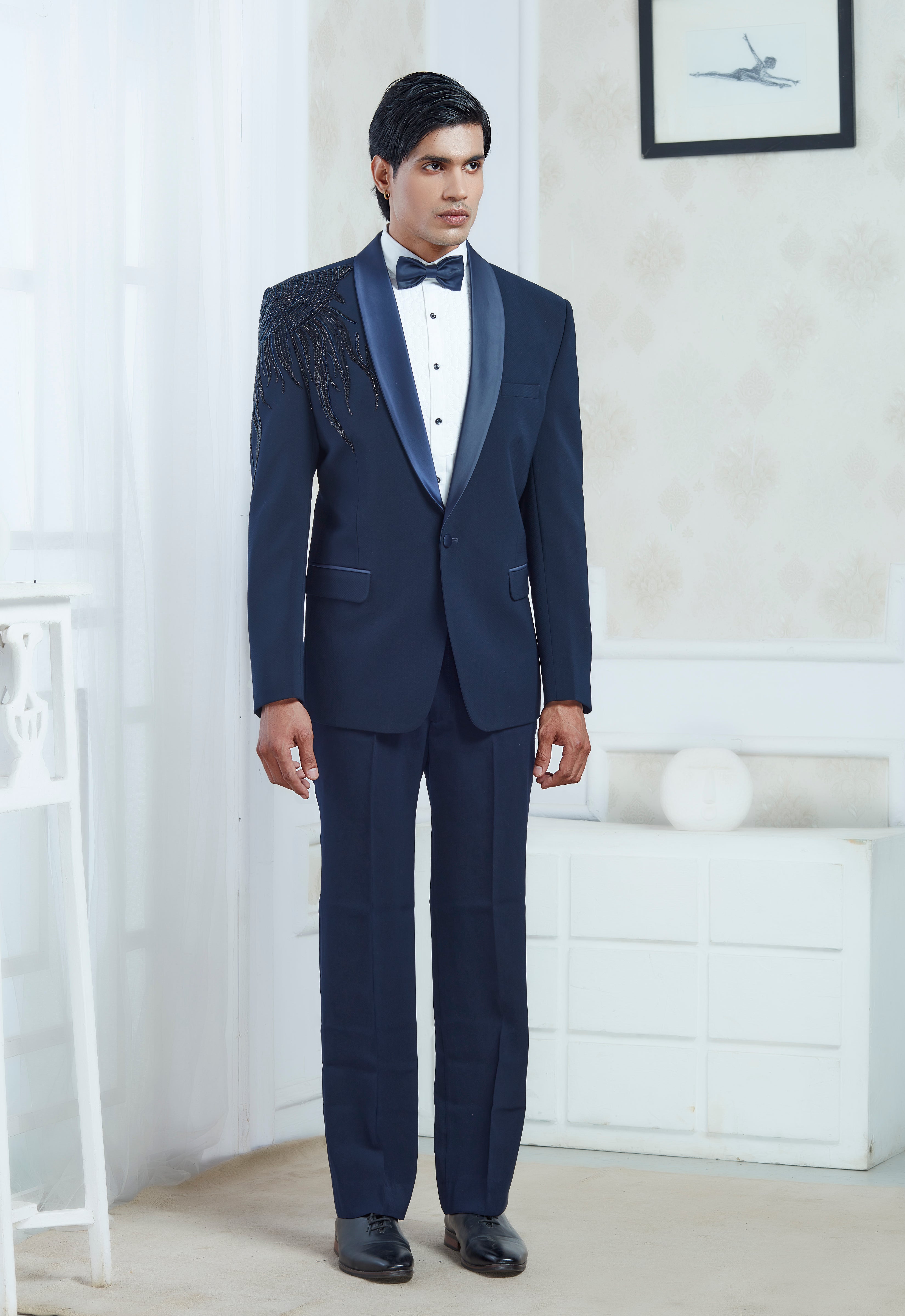 Blue Polyester Embroidered Tuxedo