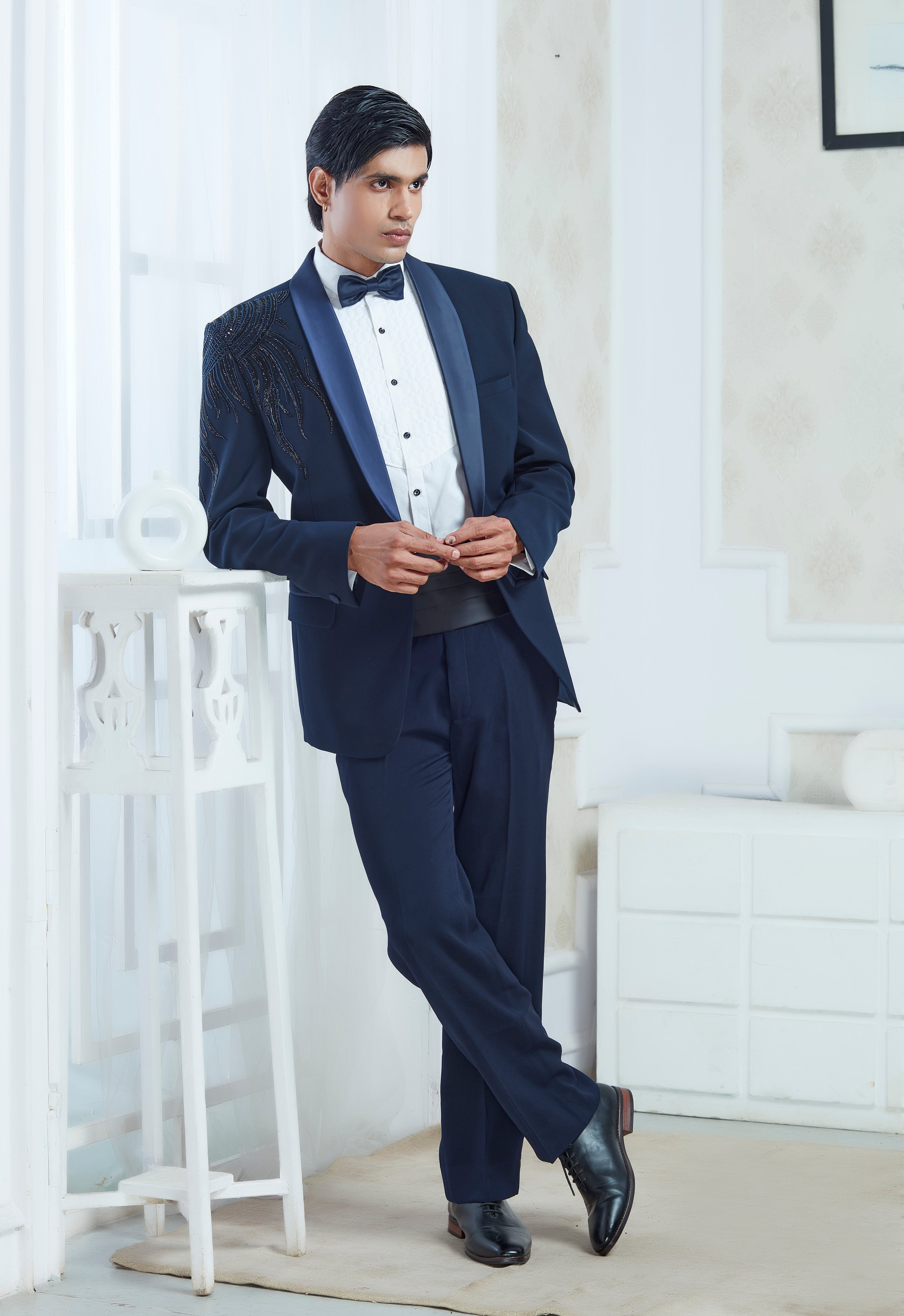Blue Polyester Embroidered Tuxedo