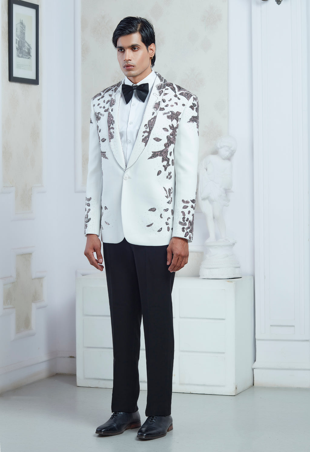 Embroidered White Tuxedo Set