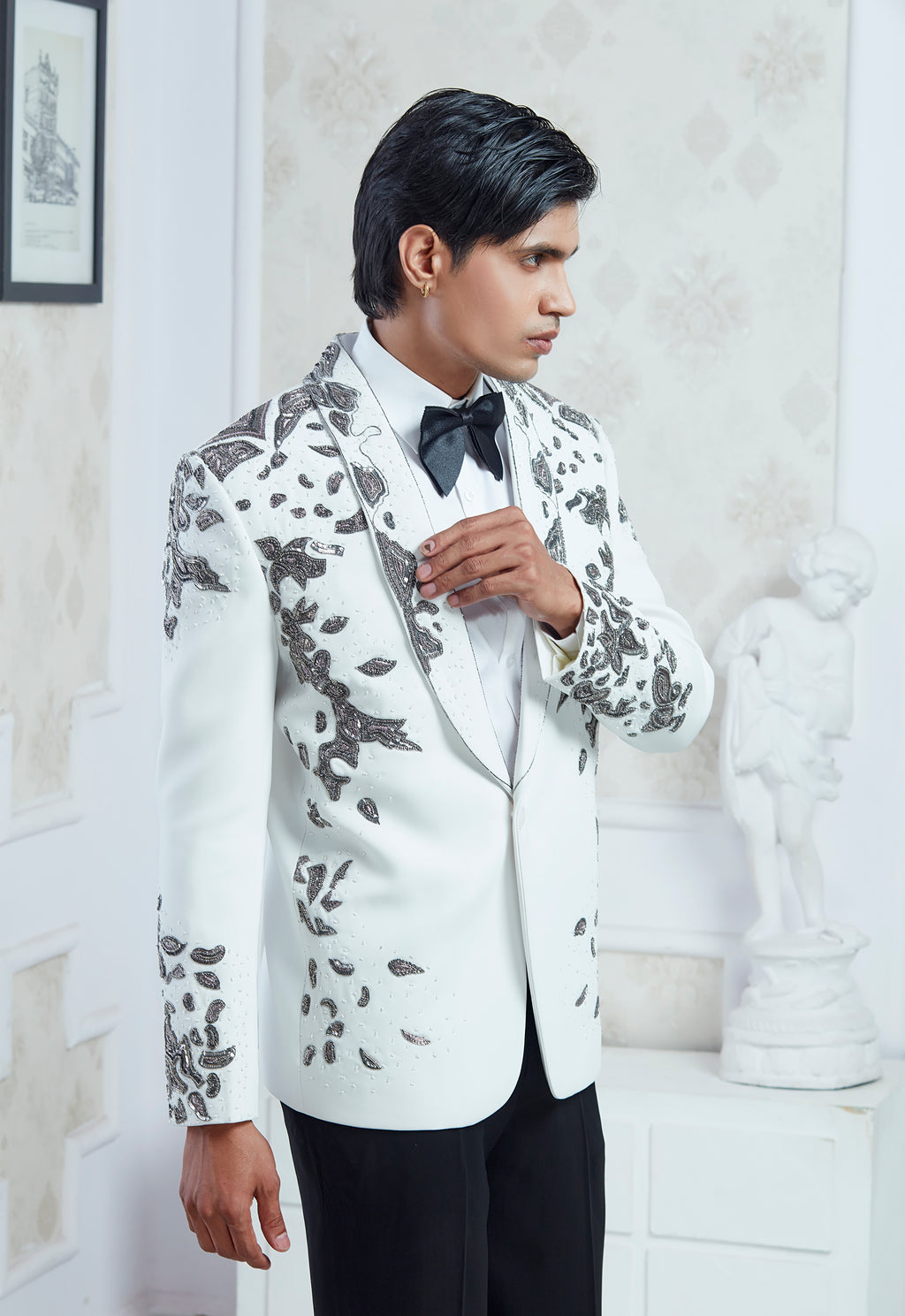 Embroidered White Tuxedo Set
