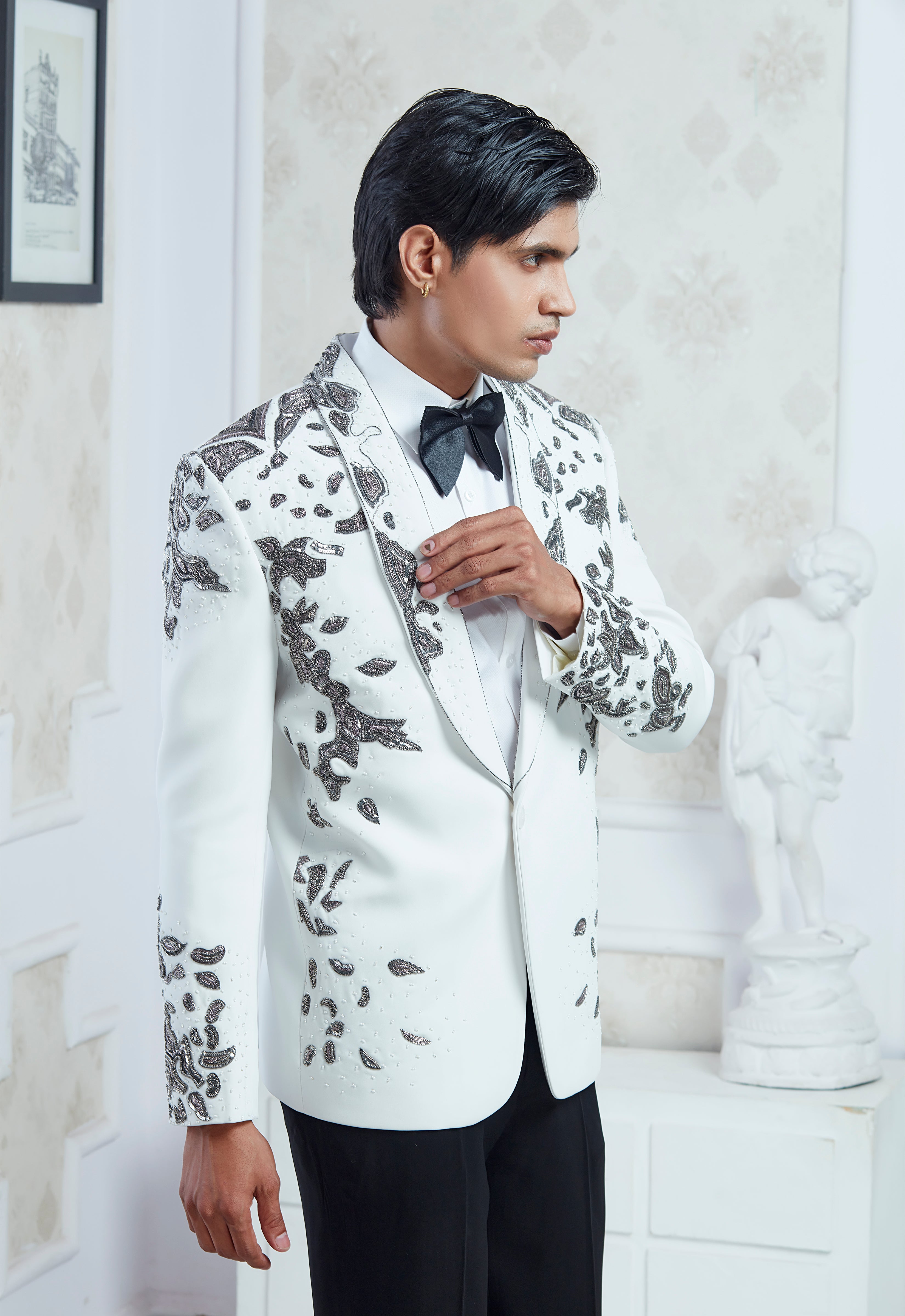 Embroidered White Tuxedo Set