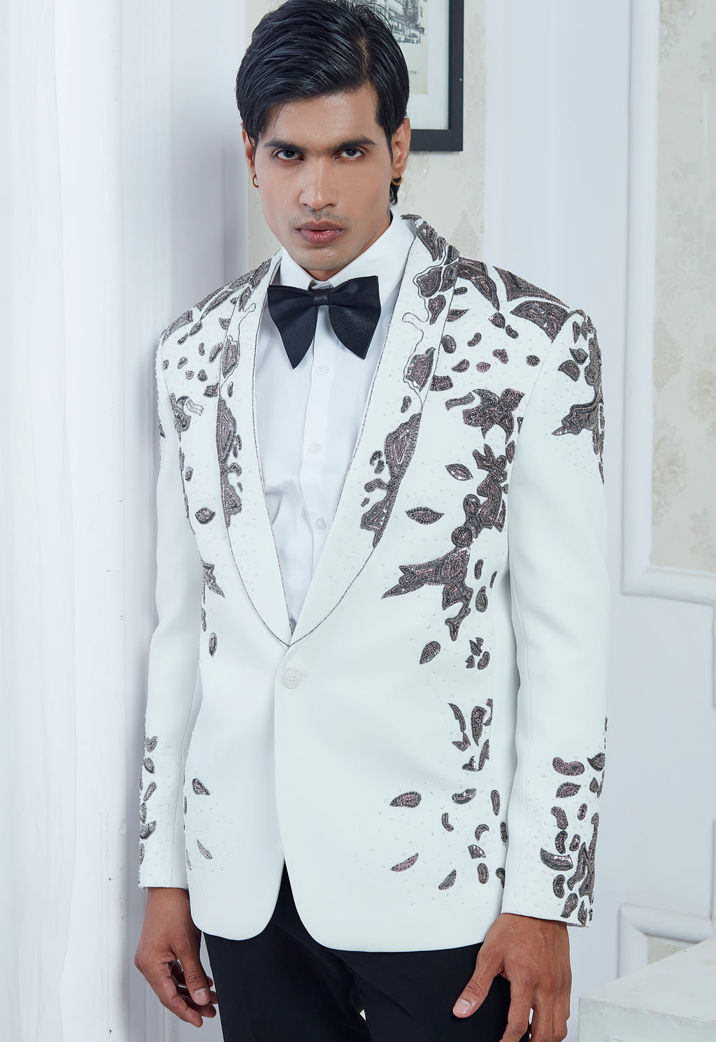 Embroidered White Tuxedo Set