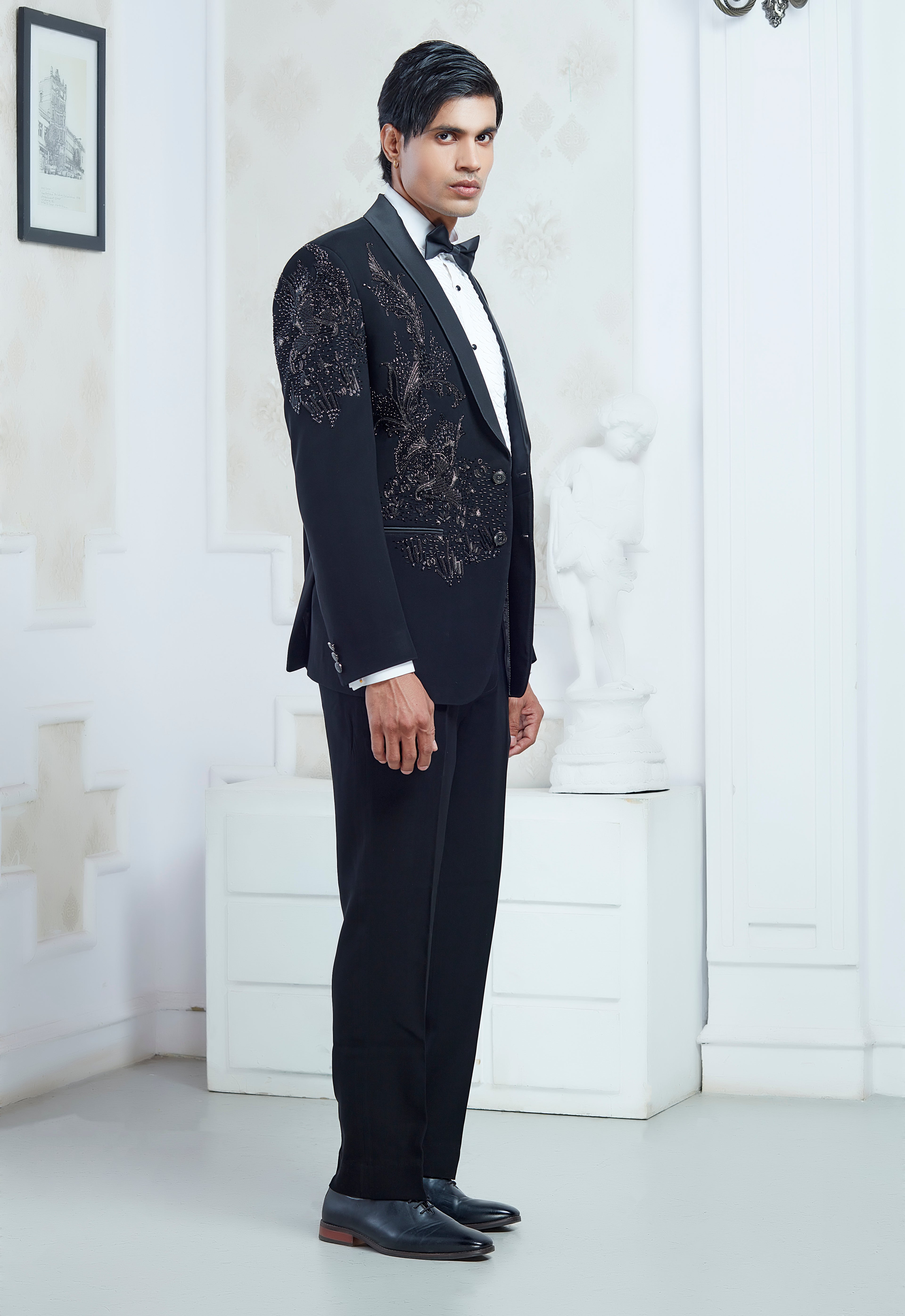 Black Embroidered Tuxedo Set