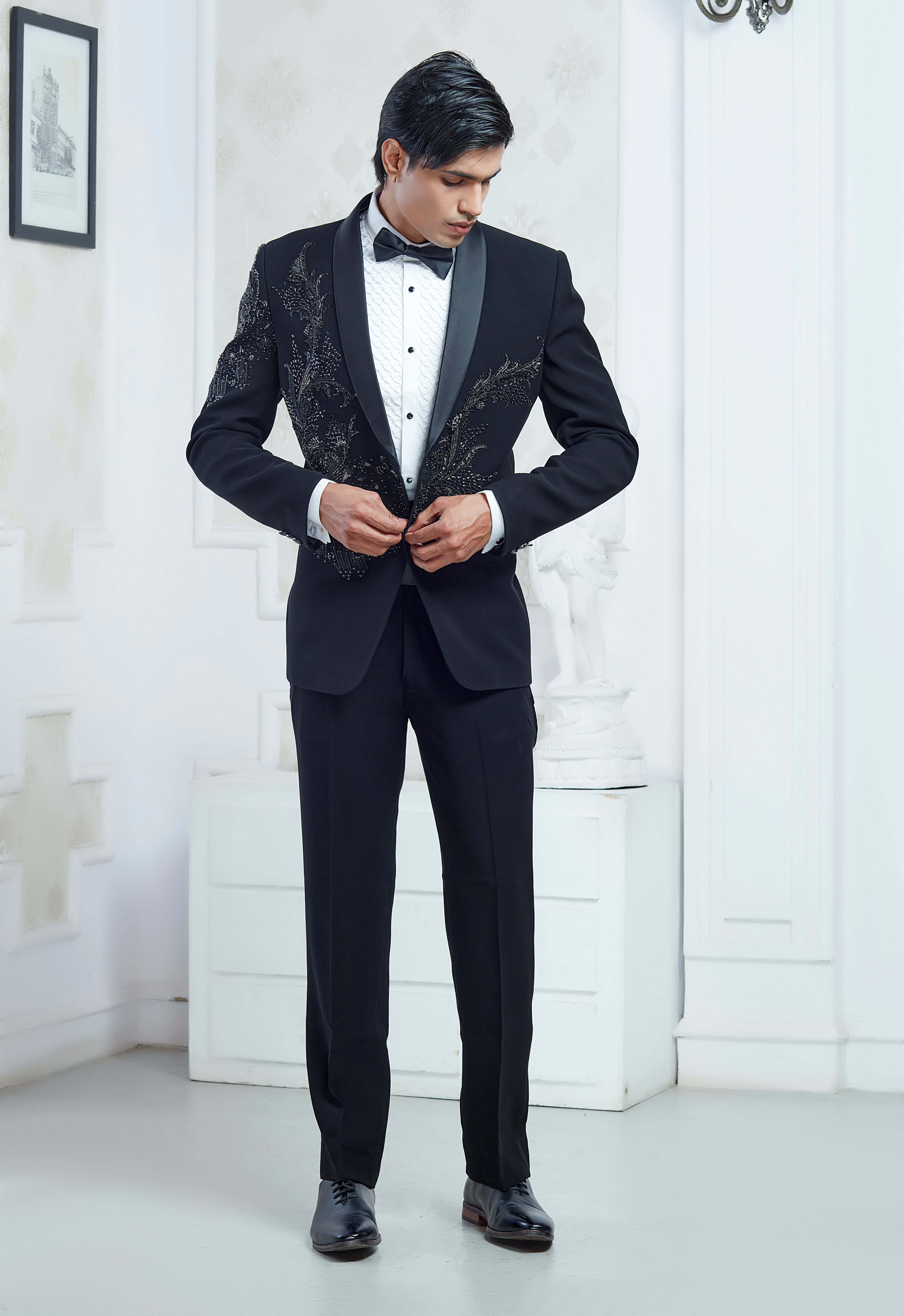 Black Embroidered Tuxedo Set