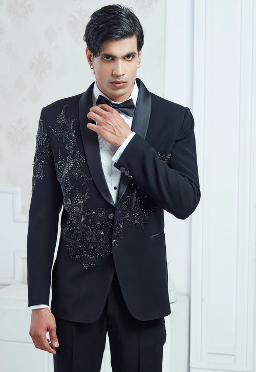 Black Embroidered Tuxedo Set
