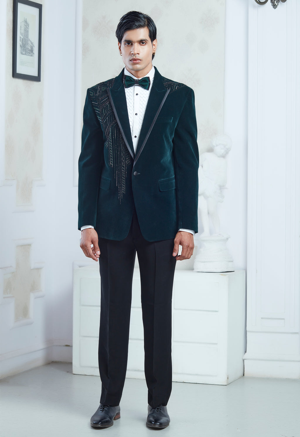 Embroidered Green Velvet Tuxedo
