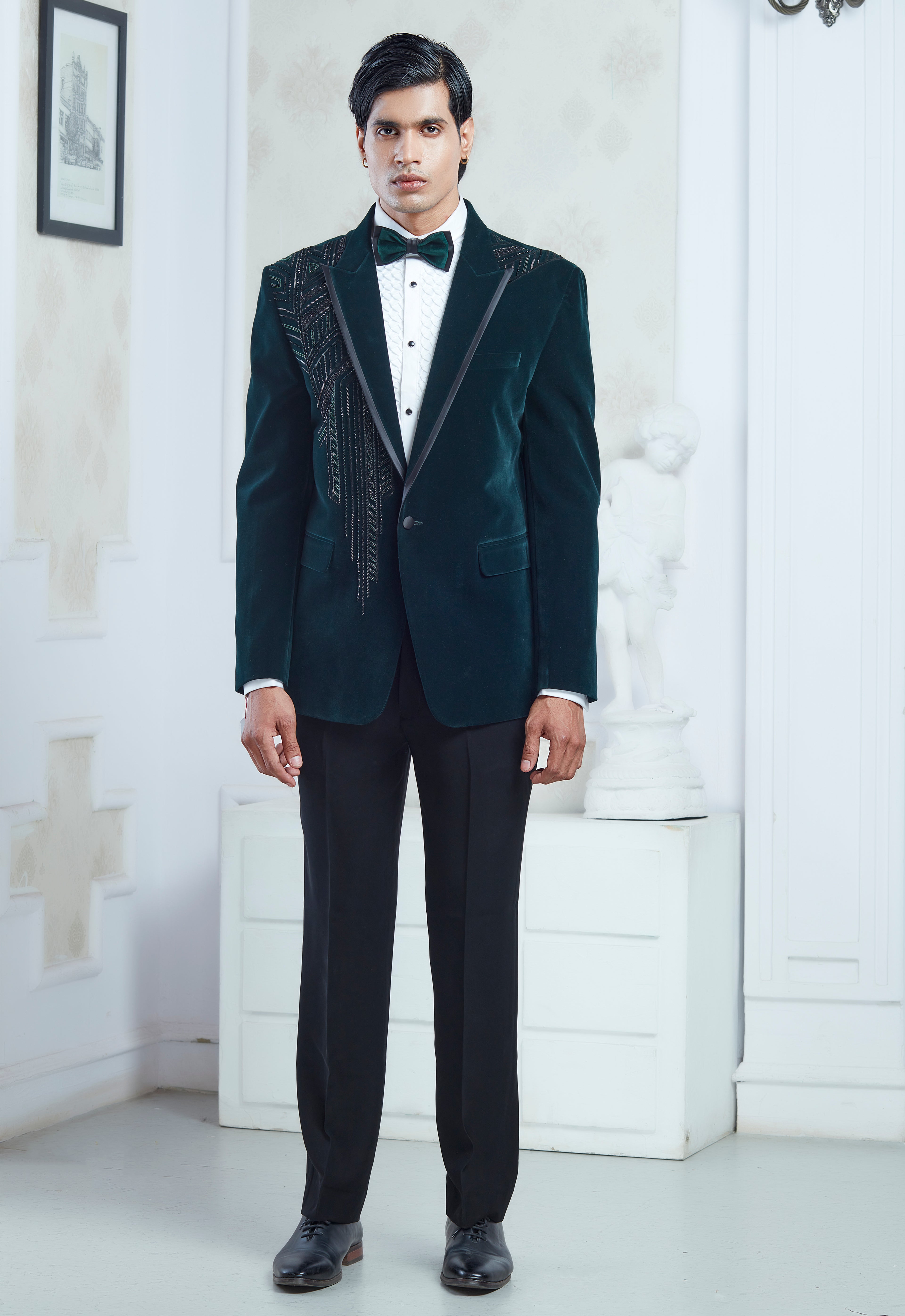 Embroidered Green Velvet Tuxedo