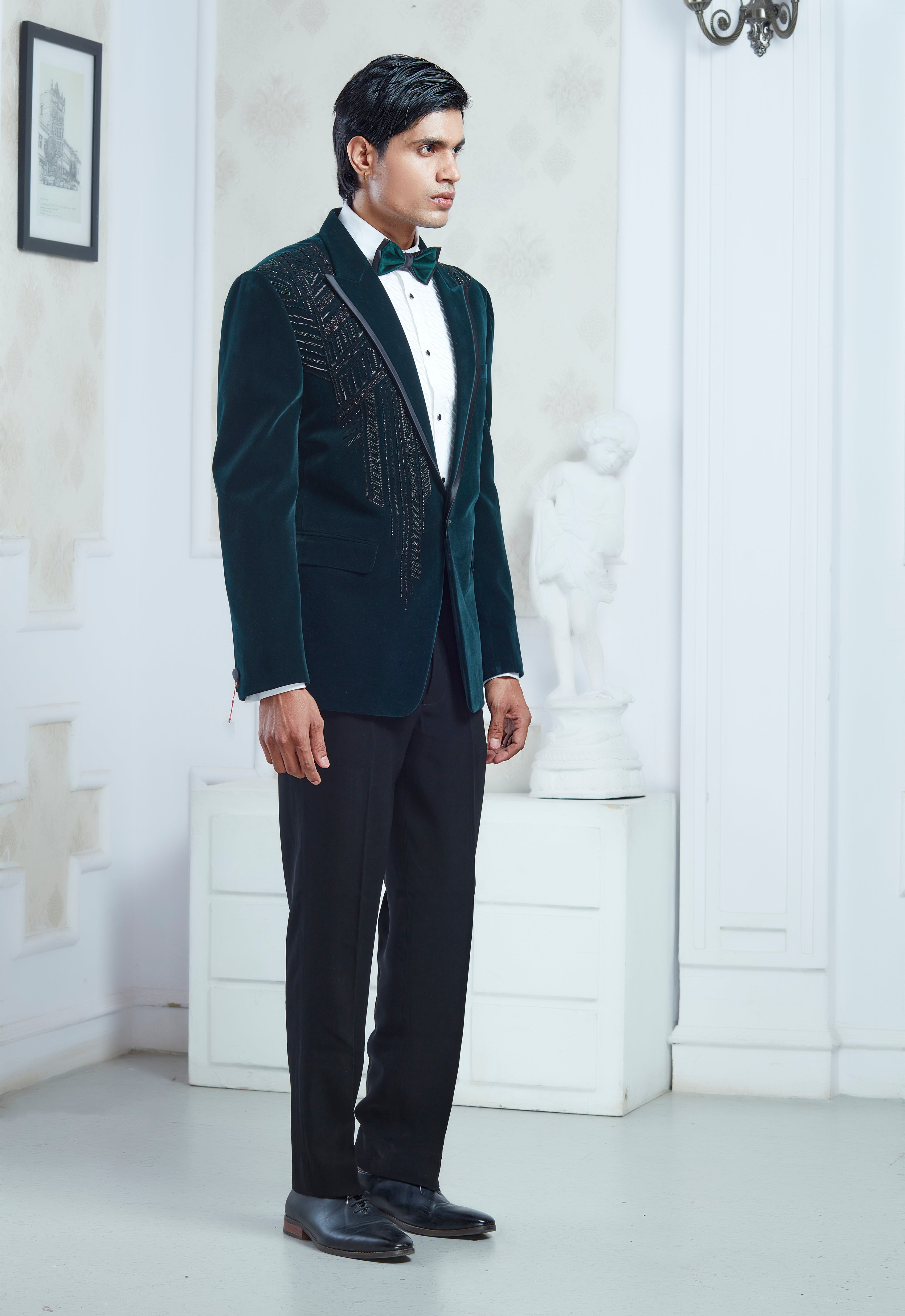 Embroidered Green Velvet Tuxedo