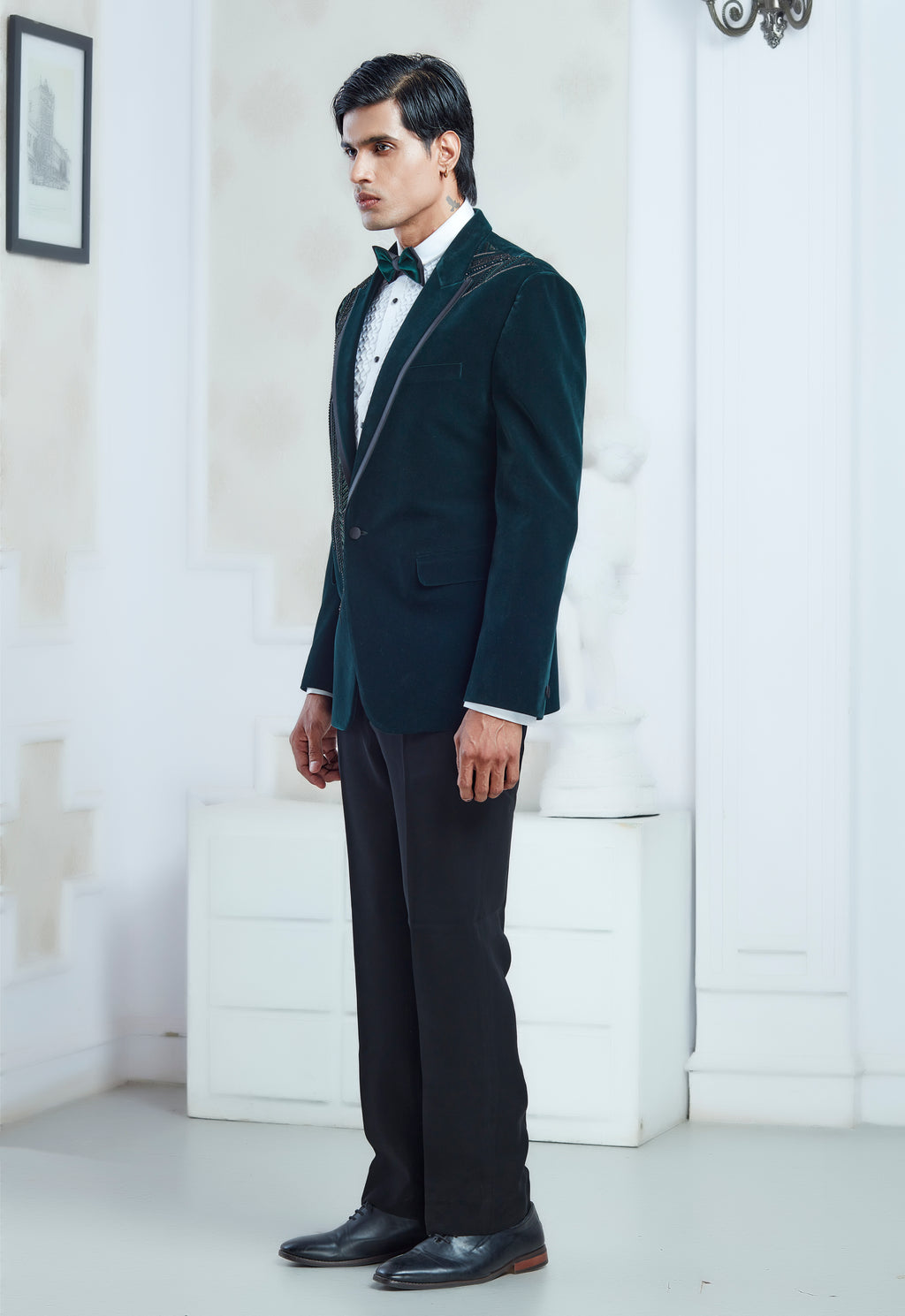 Embroidered Green Velvet Tuxedo