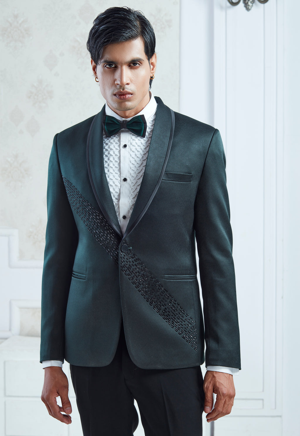 Green Spolyster Satin Embroidered Indowestern Set