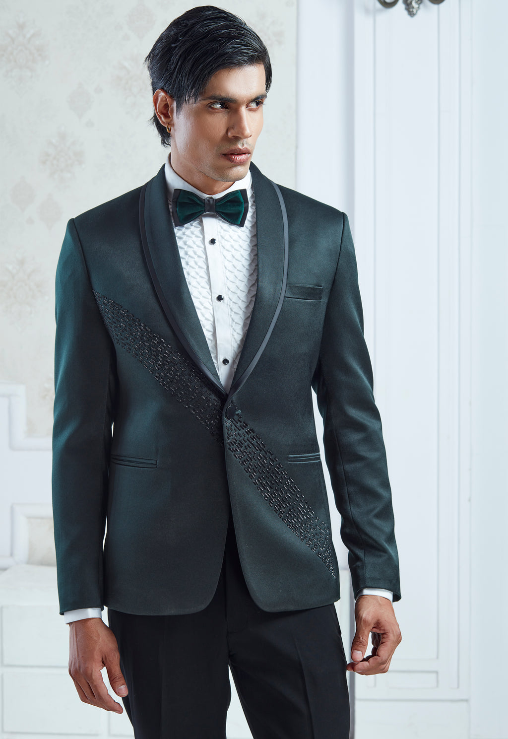 Green Spolyster Satin Embroidered Indowestern Set
