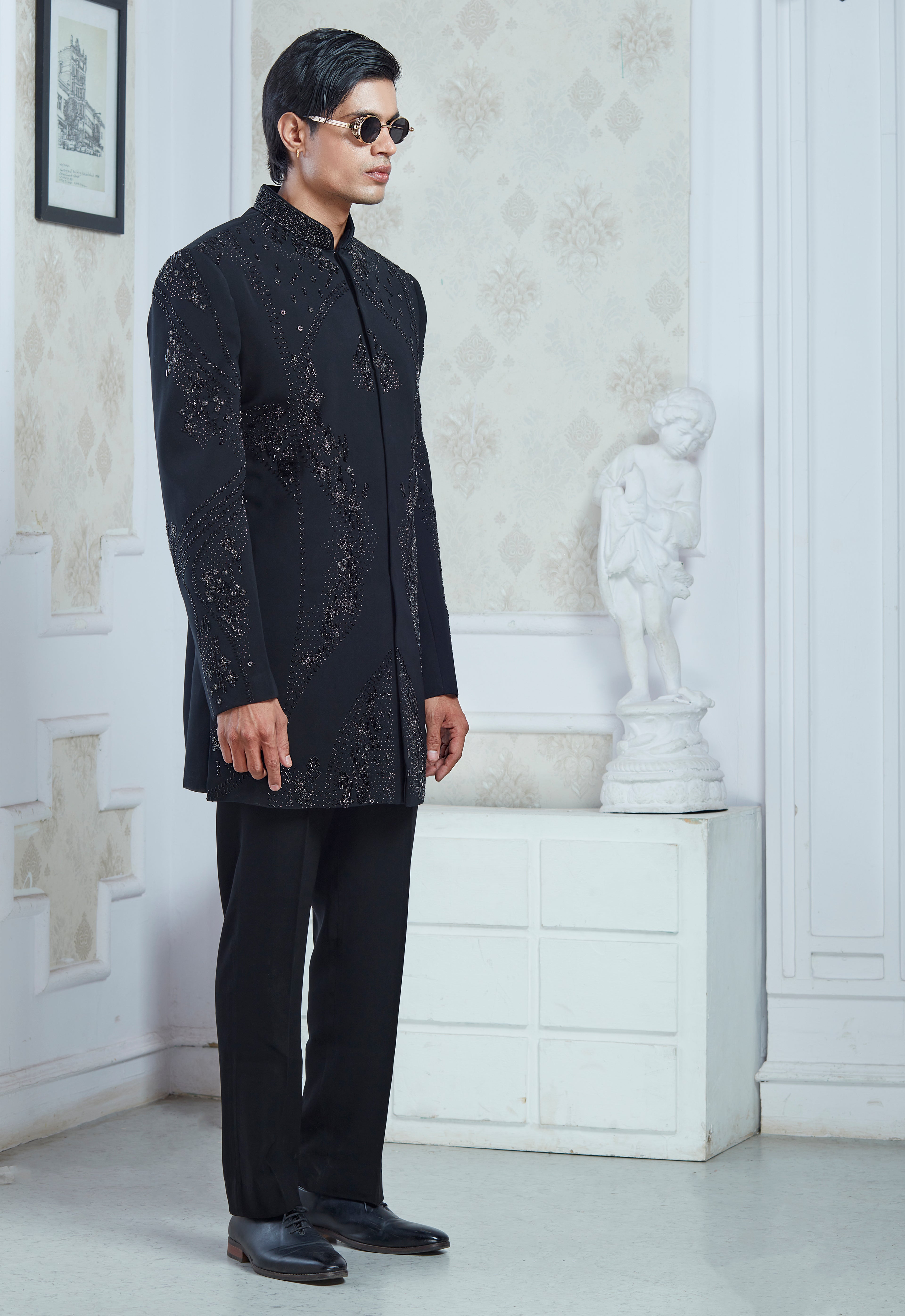Black Embroidered Indowestern