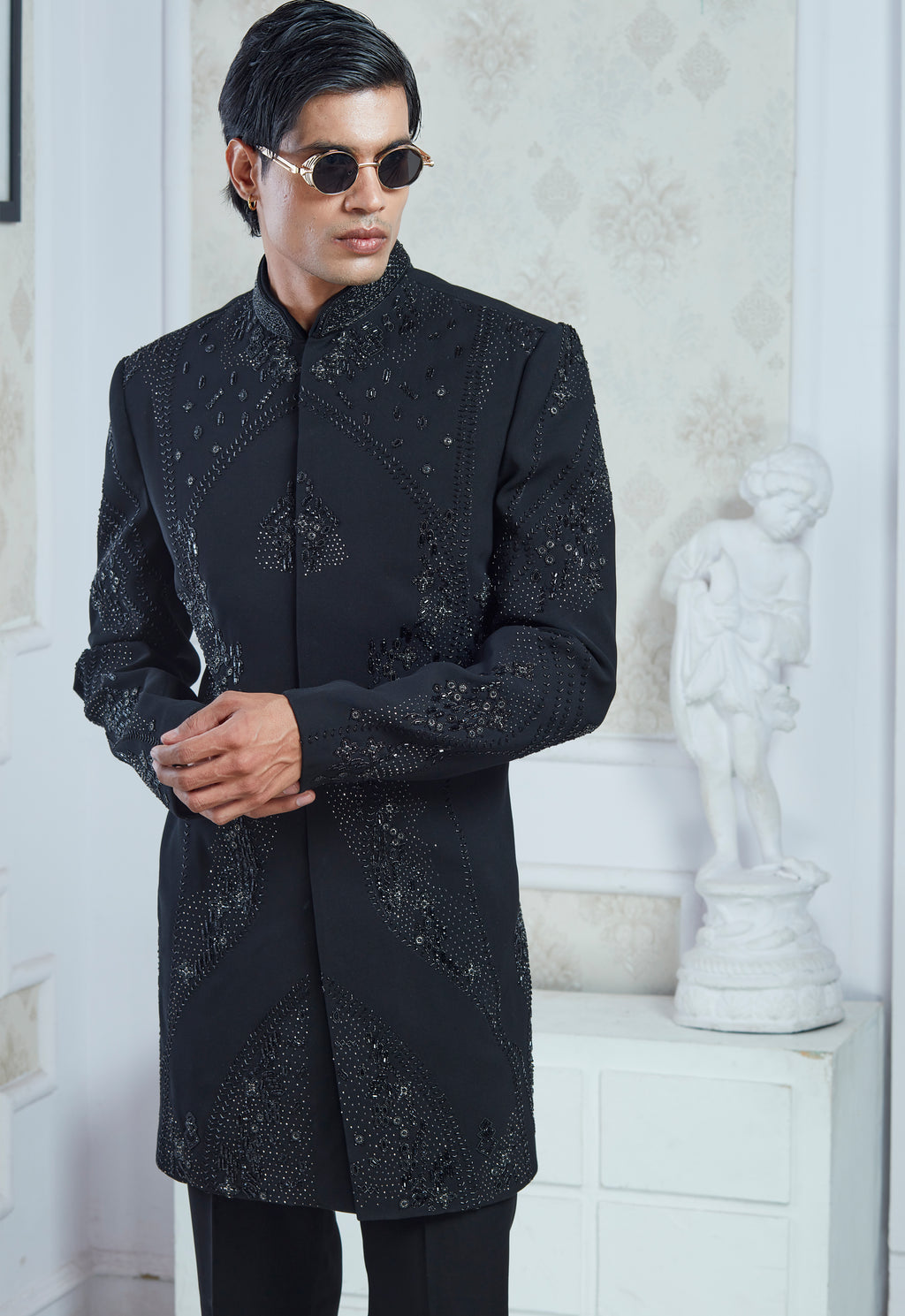 Black Embroidered Indowestern