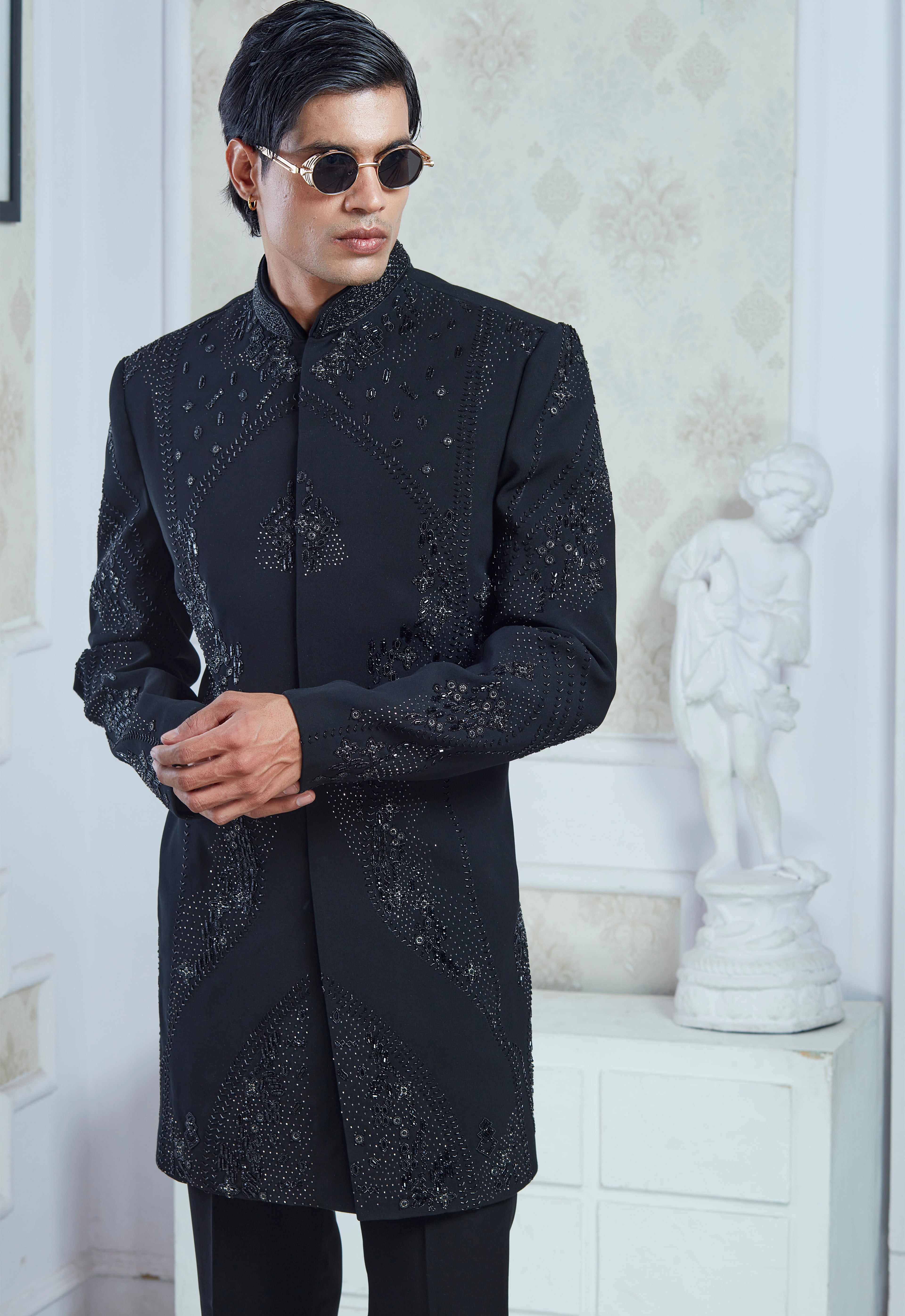 Black Embroidered Indowestern