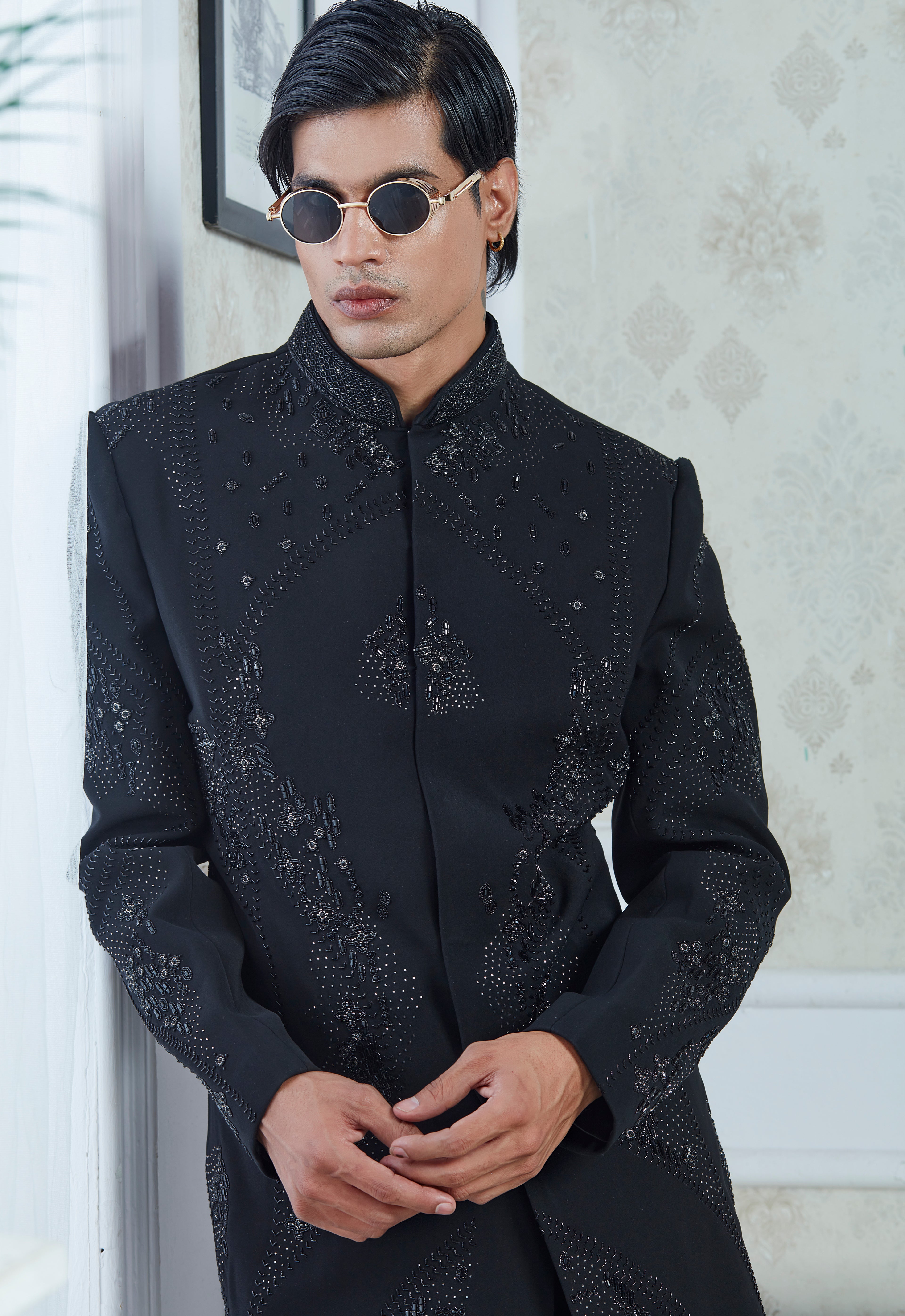 Black Embroidered Indowestern