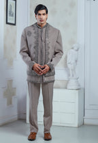 Embroidered Sand Grey Indowestern Set With Open Jacket And Bandi