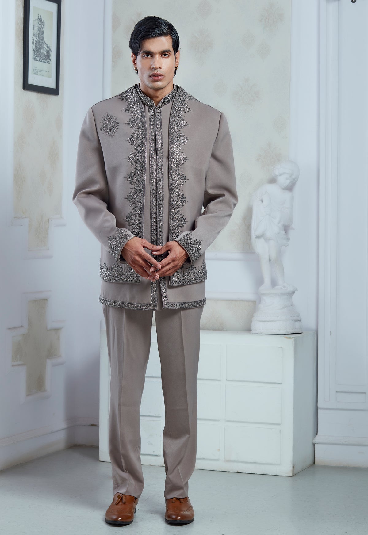 Embroidered Sand Grey Indowestern Set With Open Jacket And Bandi