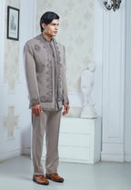 Embroidered Sand Grey Indowestern Set With Open Jacket And Bandi