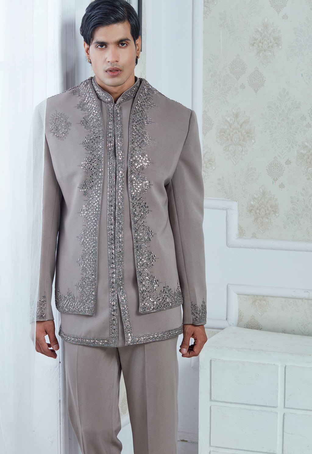Embroidered Sand Grey Indowestern Set With Open Jacket And Bandi