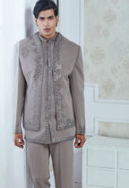 Embroidered Sand Grey Indowestern Set With Open Jacket And Bandi