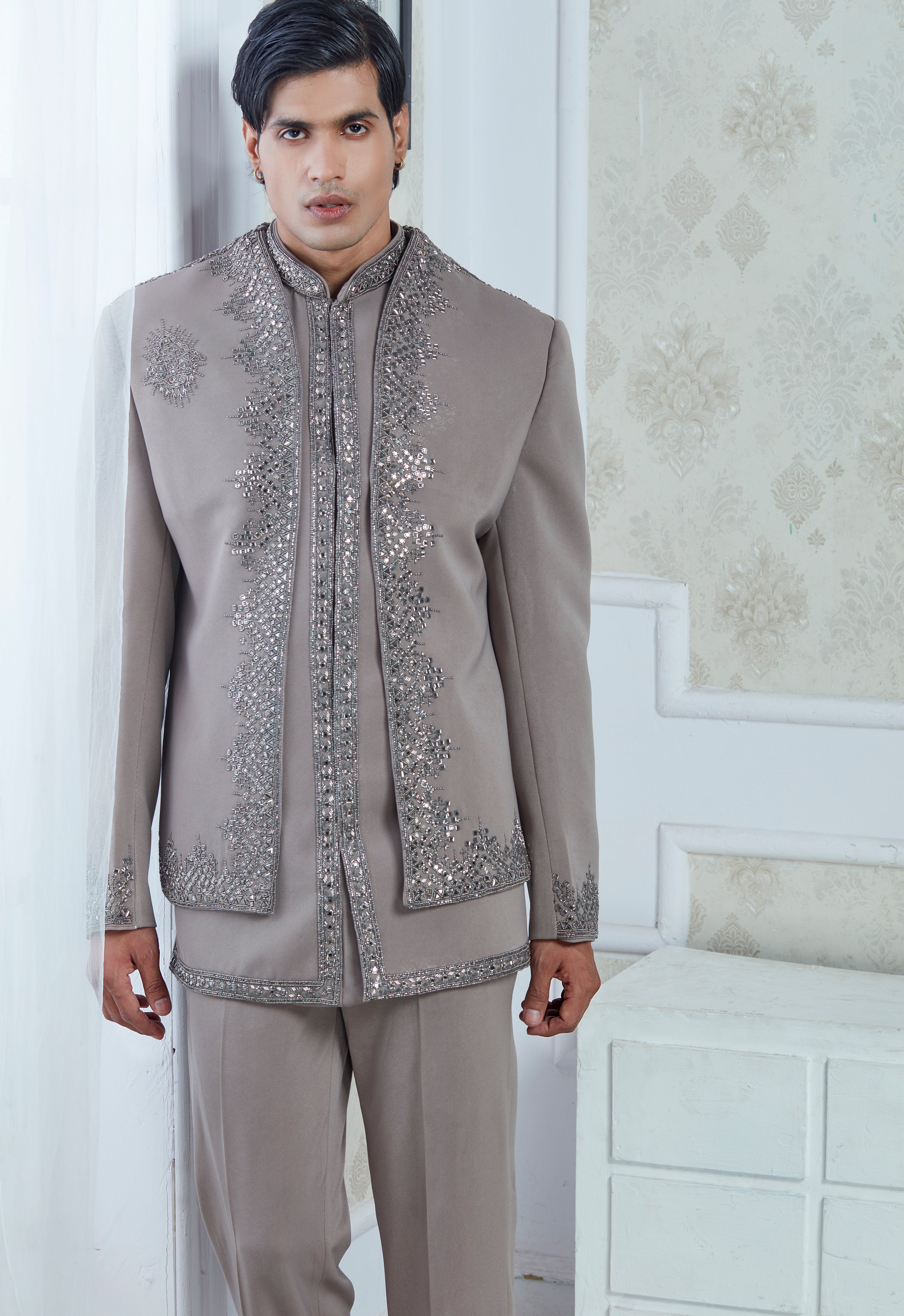 Embroidered Sand Grey Indowestern Set With Open Jacket And Bandi
