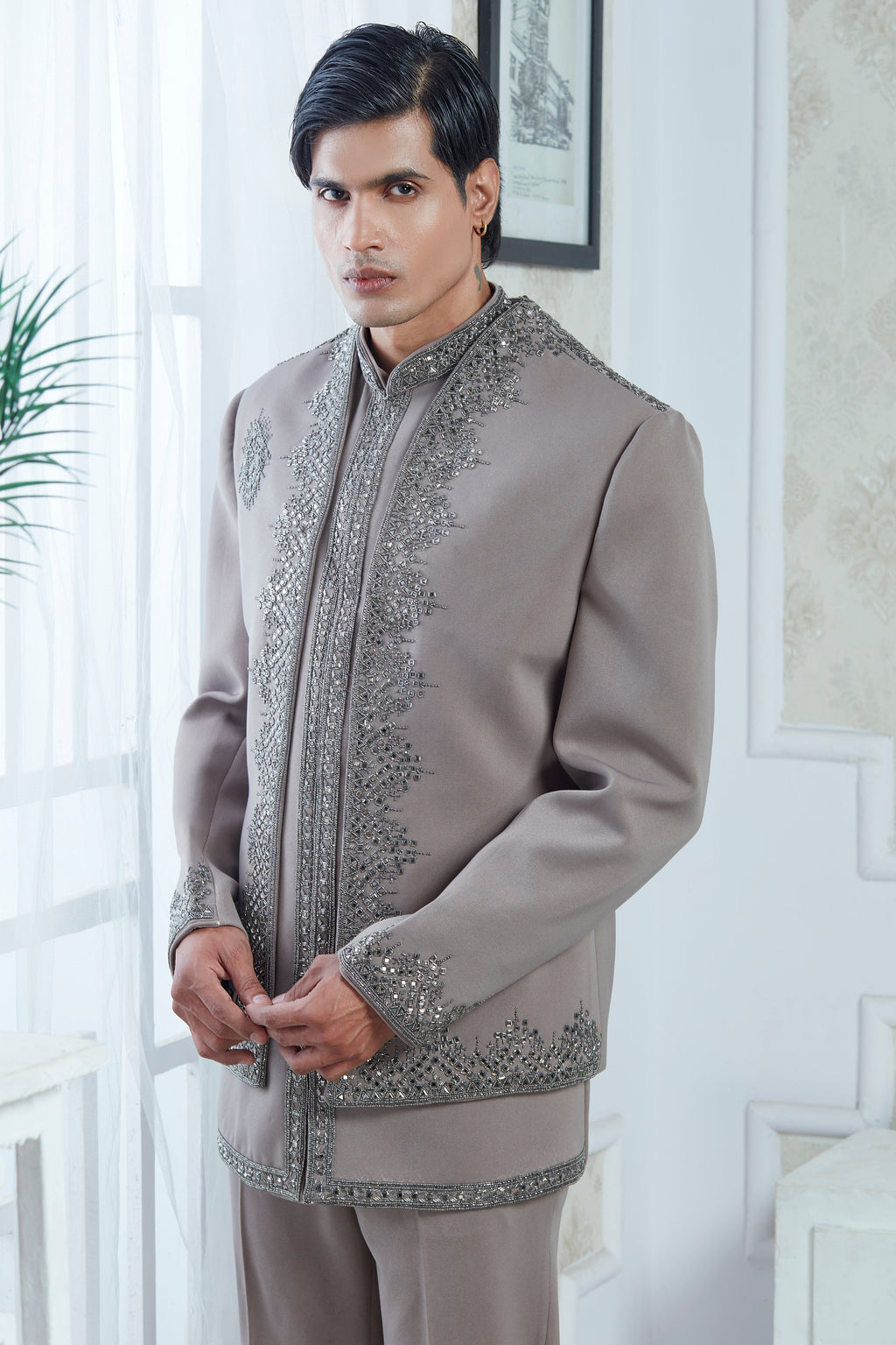 Embroidered Sand Grey Indowestern Set With Open Jacket And Bandi