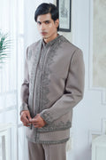 Embroidered Sand Grey Indowestern Set With Open Jacket And Bandi