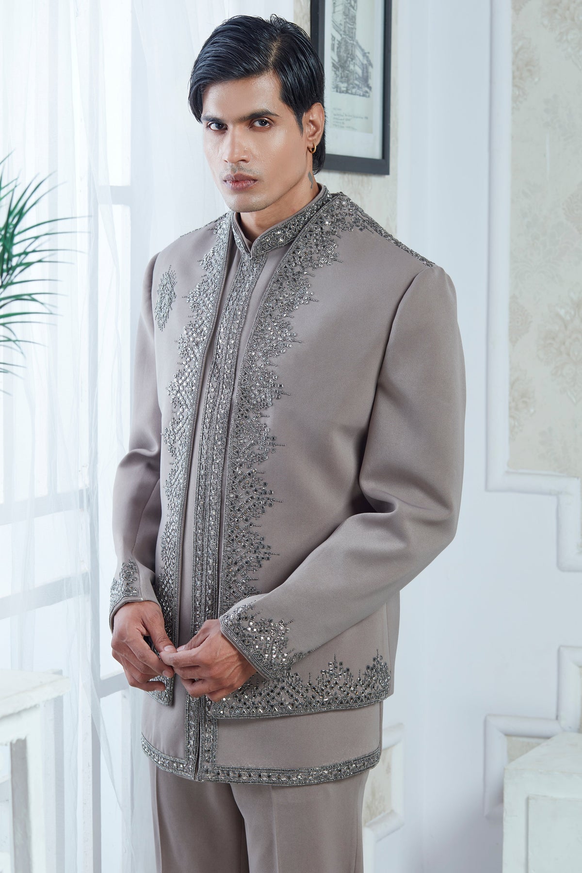 Embroidered Sand Grey Indowestern Set With Open Jacket And Bandi
