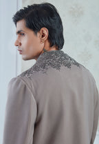 Embroidered Sand Grey Indowestern Set With Open Jacket And Bandi